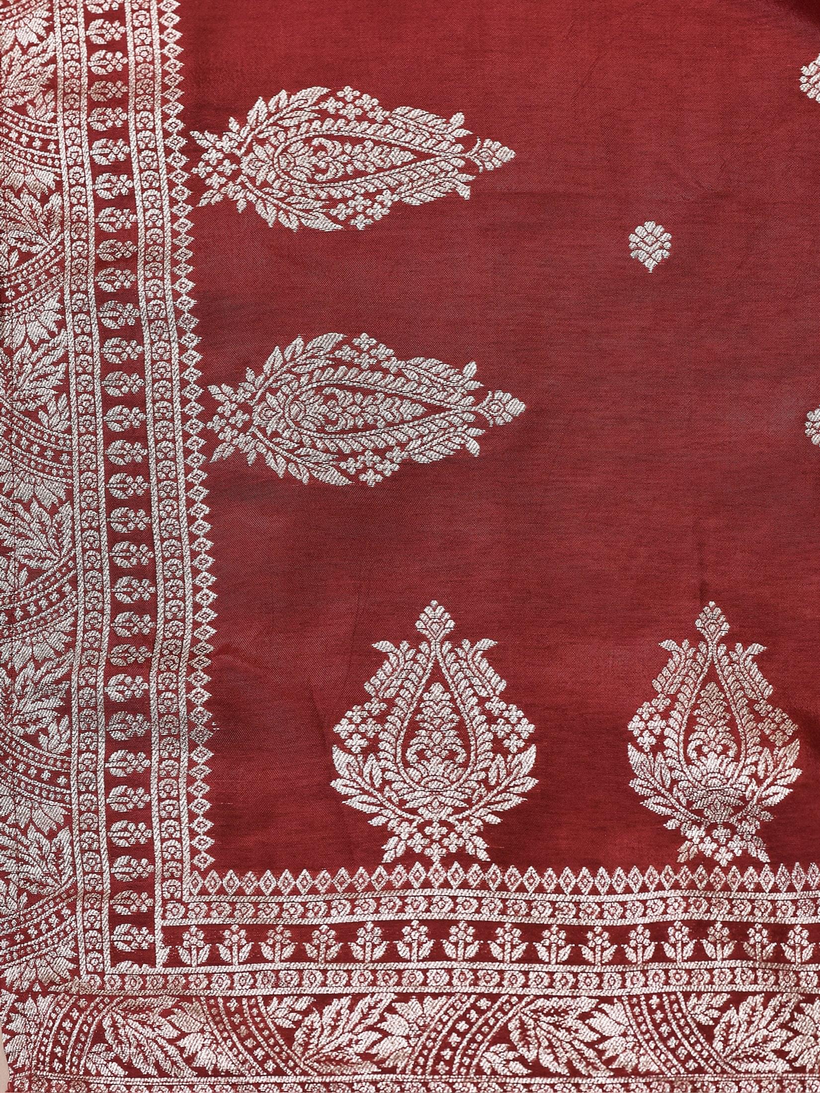 Women Silk Blend Maroon Embroidered Kurta Trouser with Dola Jacquard Dupatta.
