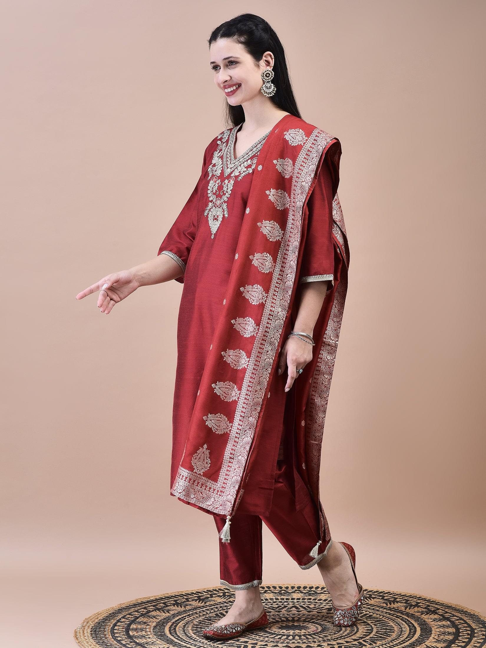 Women Silk Blend Maroon Embroidered Kurta Trouser with Dola Jacquard Dupatta.
