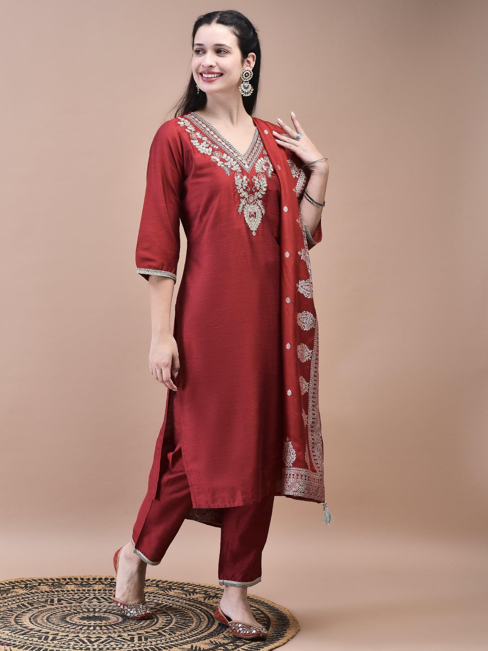 Women Silk Blend Maroon Embroidered Kurta Trouser with Dola Jacquard Dupatta.