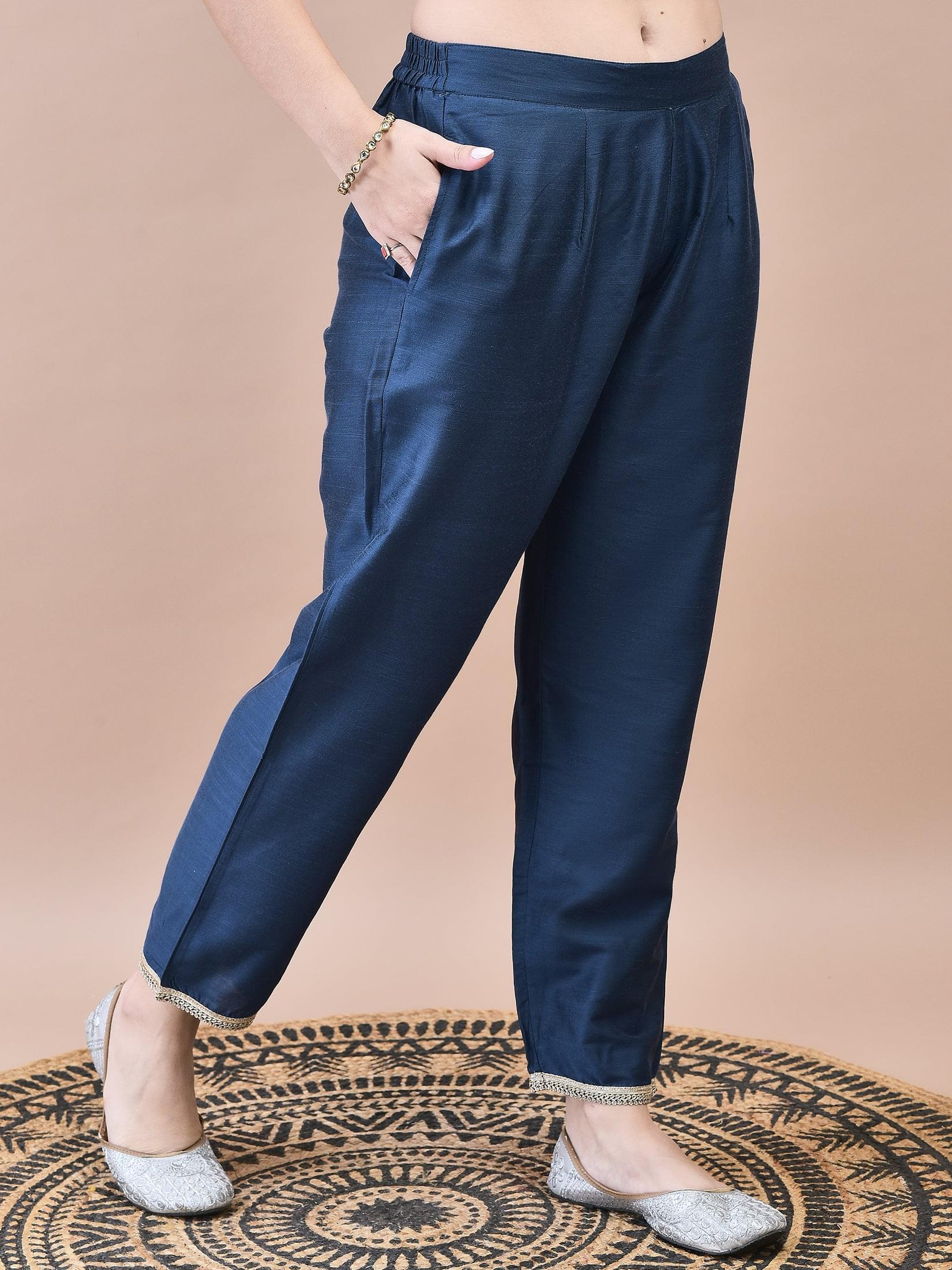 Women Silk Blend Navy Blue Embroidered Kurta Trouser with Dola Jacquard Dupatta.