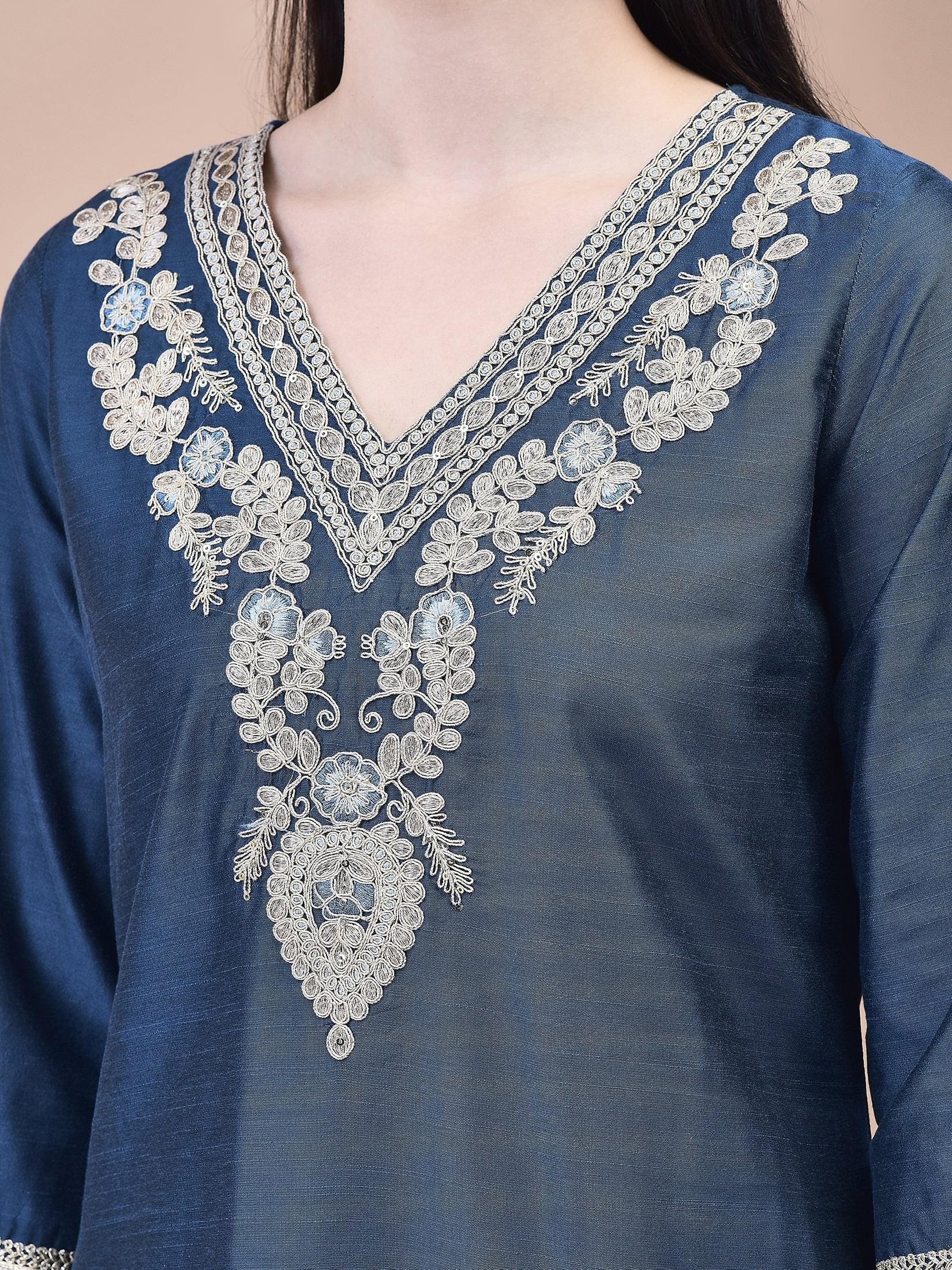 Women Silk Blend Navy Blue Embroidered Kurta Trouser with Dola Jacquard Dupatta.
