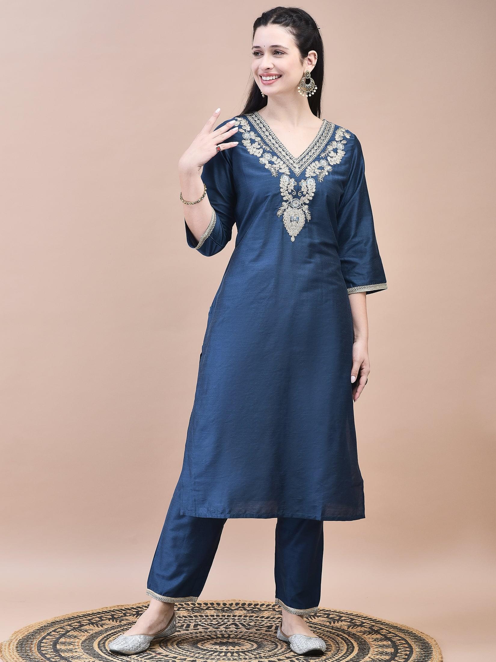 Women Silk Blend Navy Blue Embroidered Kurta Trouser with Dola Jacquard Dupatta.