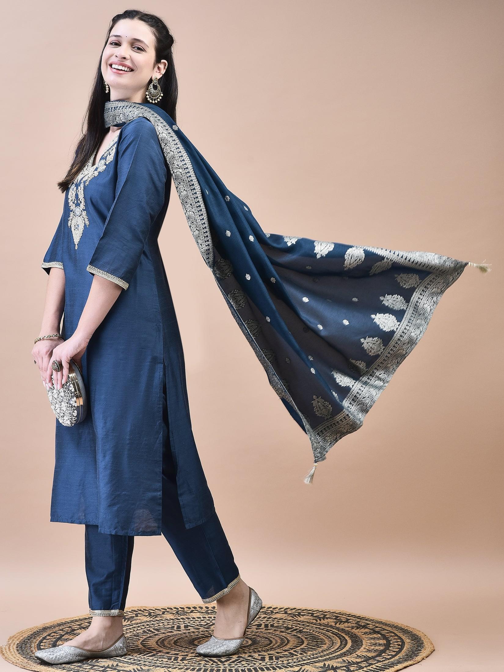 Women Silk Blend Navy Blue Embroidered Kurta Trouser with Dola Jacquard Dupatta.