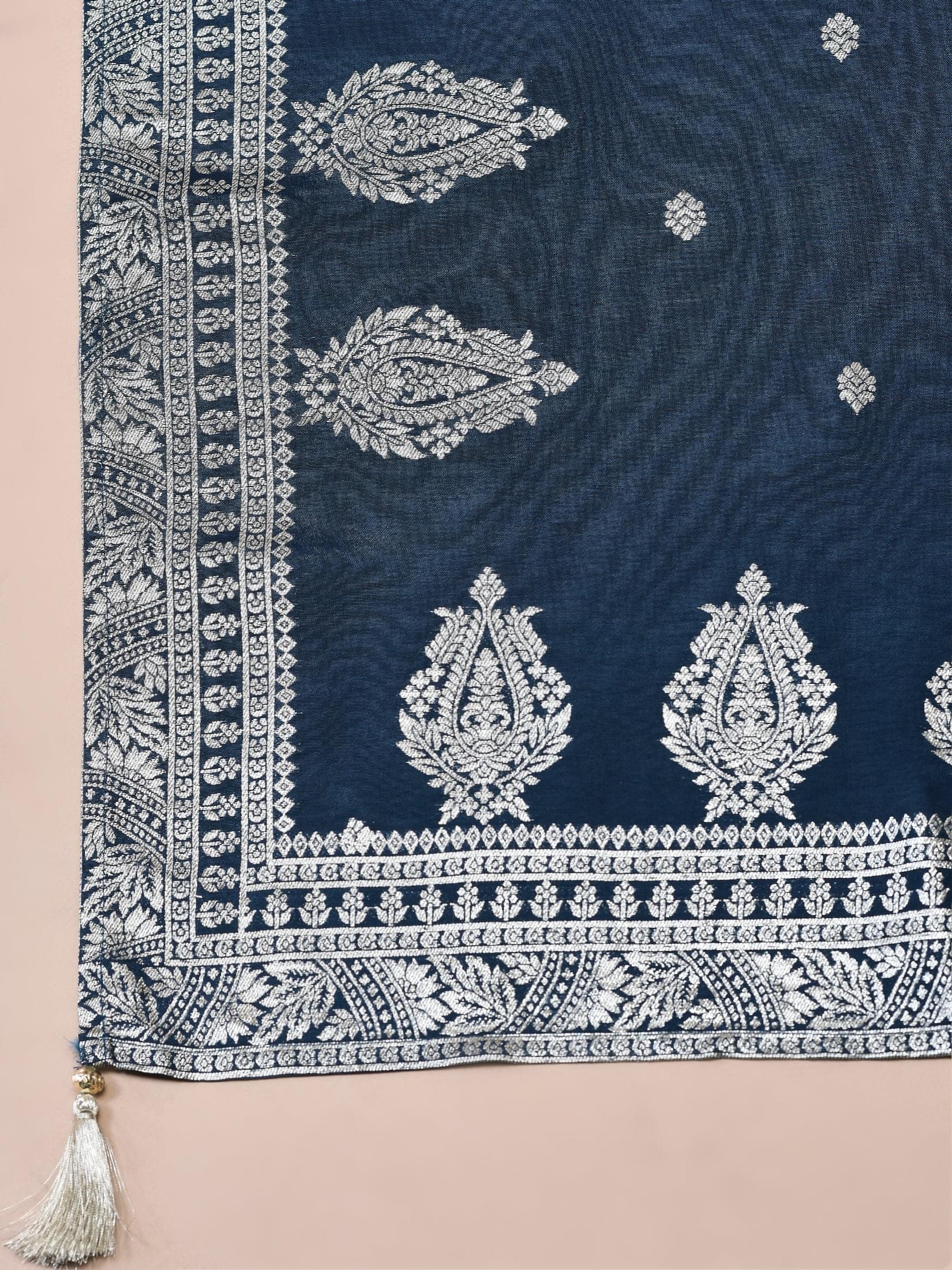 Women Silk Blend Navy Blue Embroidered Kurta Trouser with Dola Jacquard Dupatta.