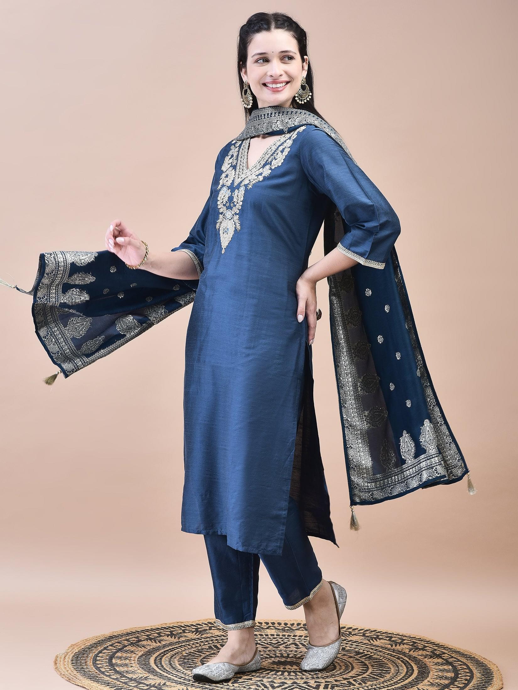 Women Silk Blend Navy Blue Embroidered Kurta Trouser with Dola Jacquard Dupatta.