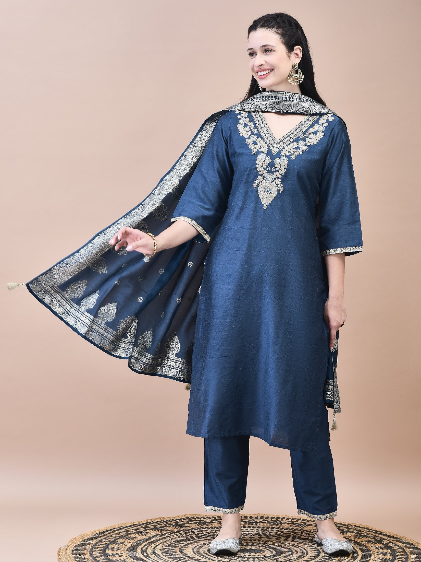 Navy Blue Embroidered kurta With Silver Slim Pants And Dupatta