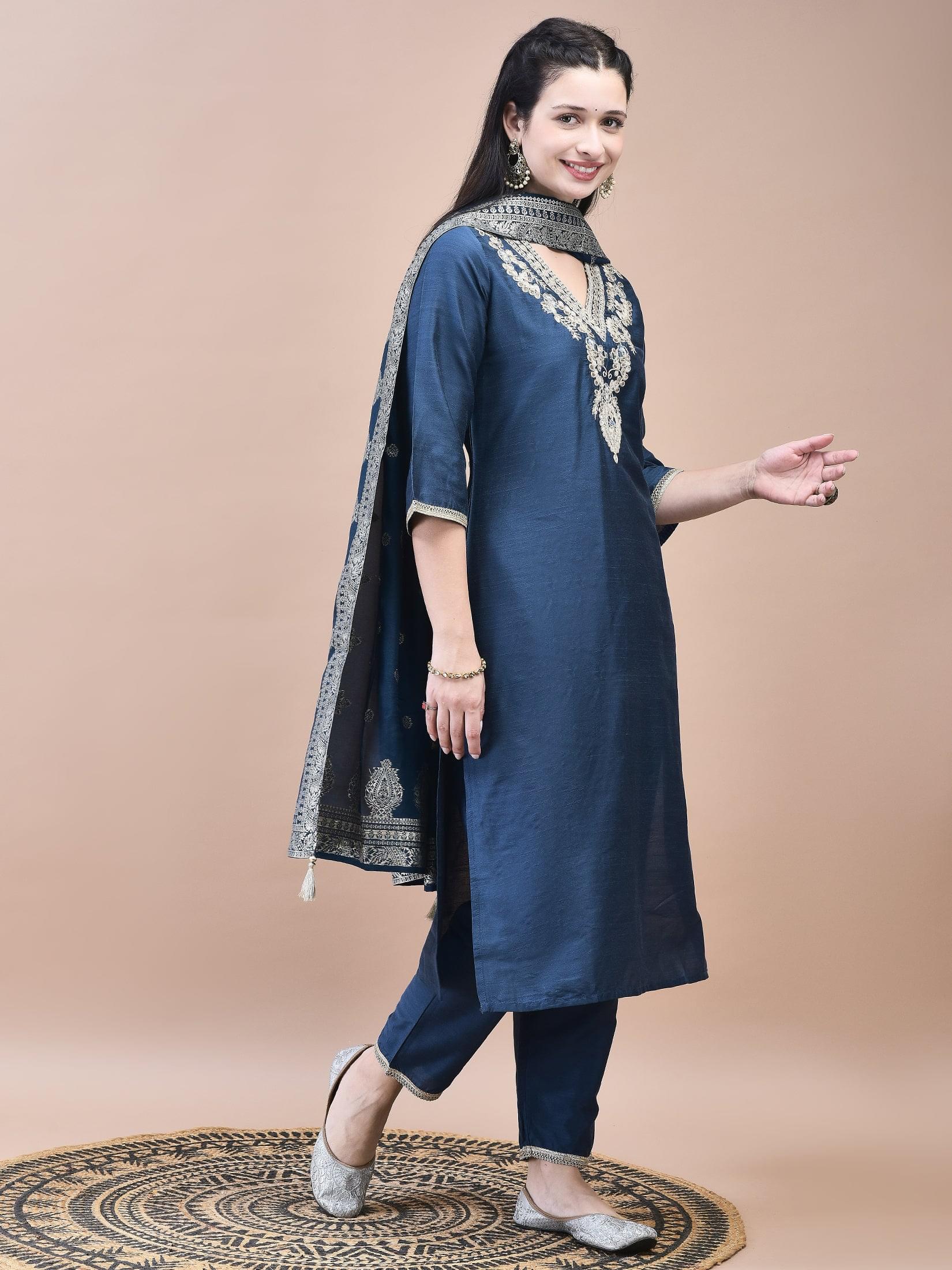Women Silk Blend Navy Blue Embroidered Kurta Trouser with Dola Jacquard Dupatta.