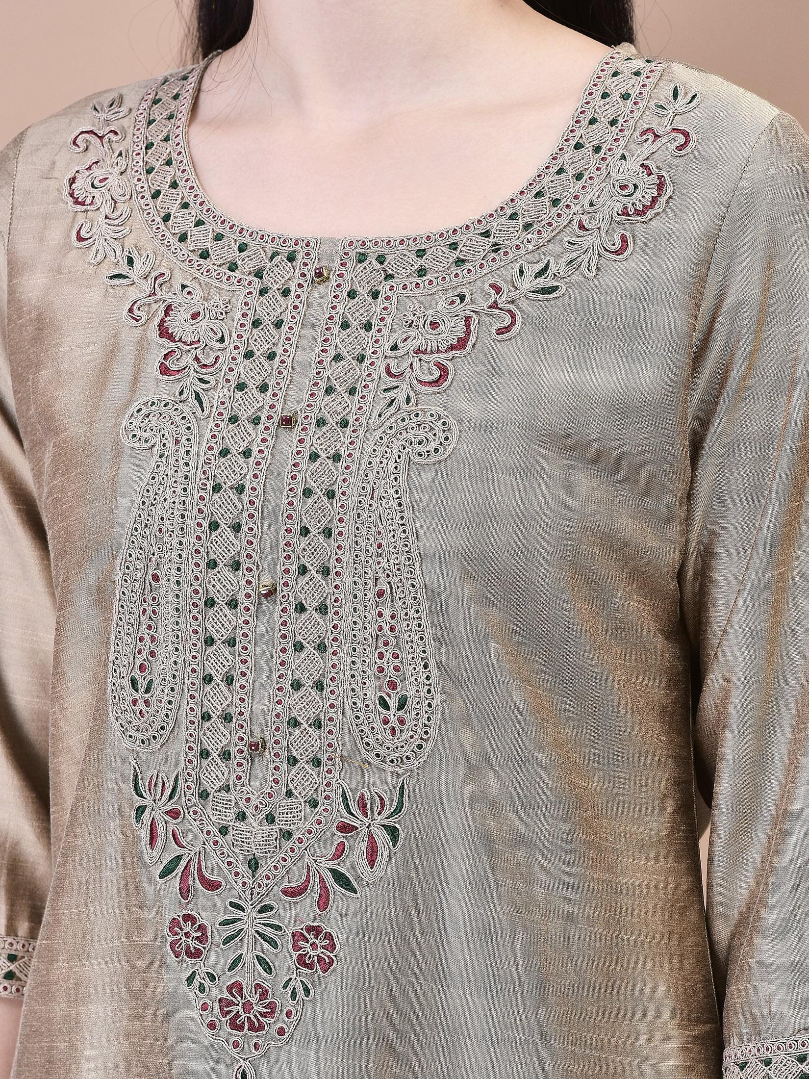 Women Silk Blend Beige Embroidered Kurta Trouser Jacquard Dupatta.