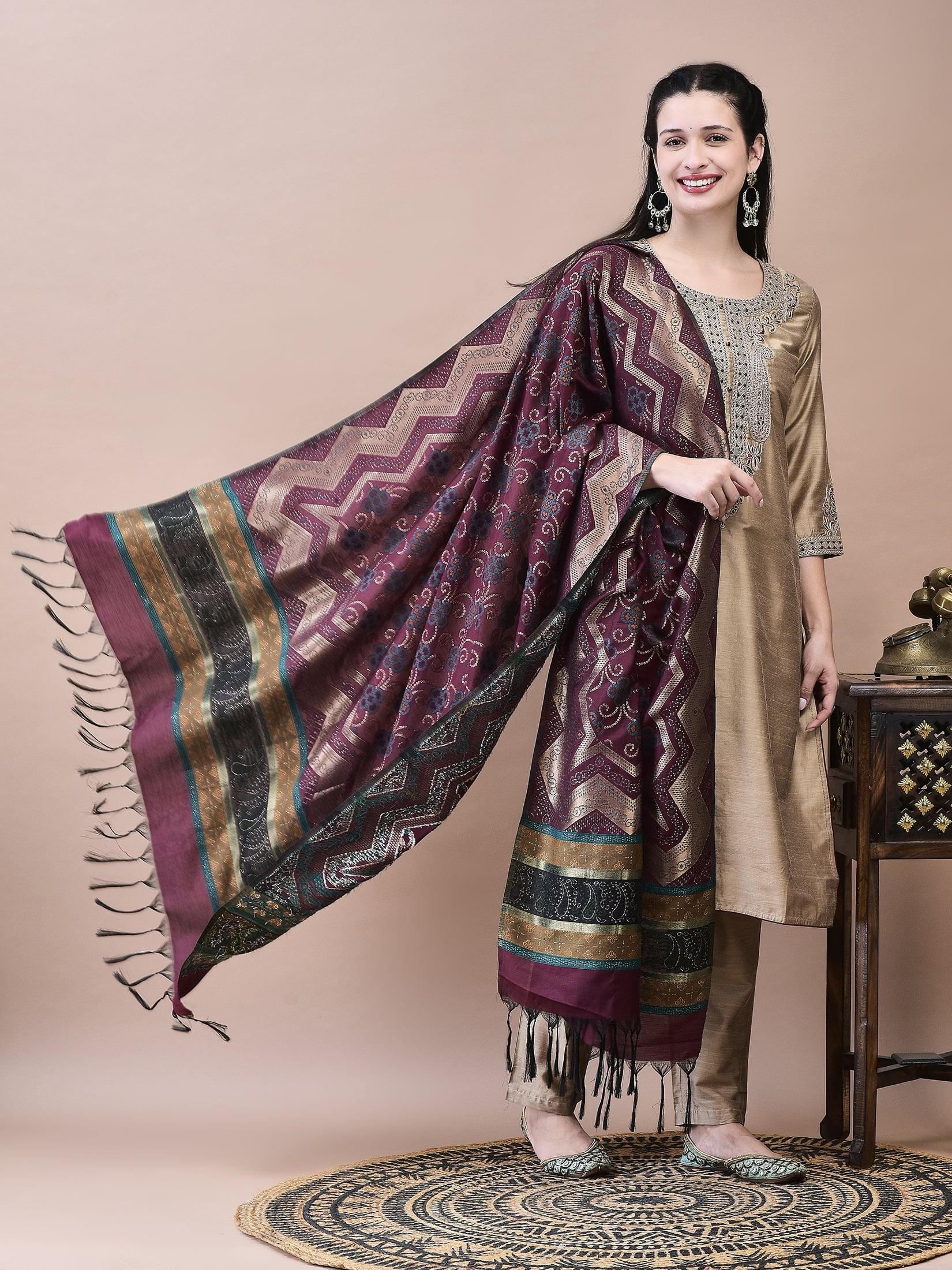 Women Silk Blend Beige Embroidered Kurta Trouser Jacquard Dupatta.