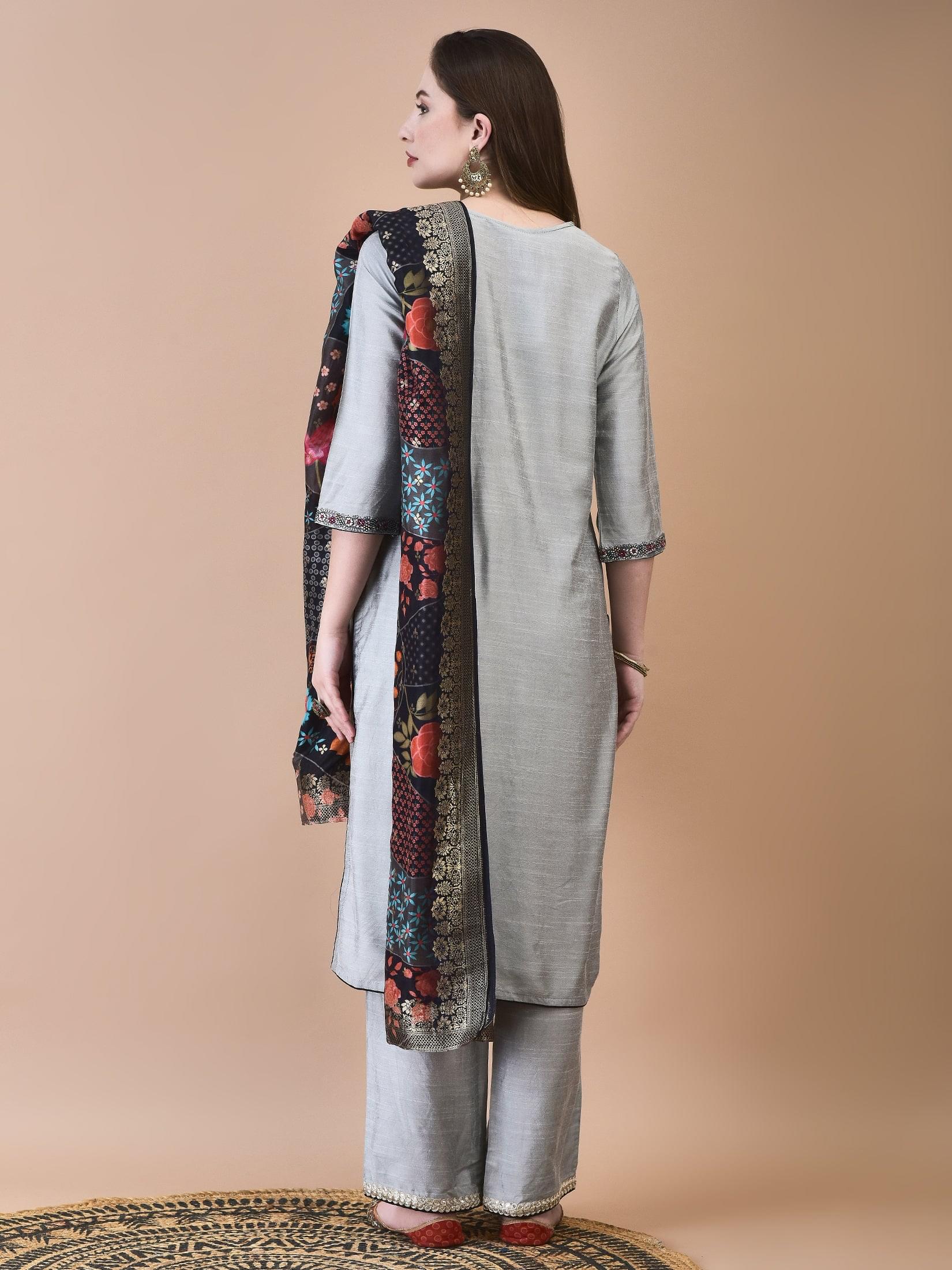 Women Silk Blend Grey Embroidered Kurta Comfort Pant Jacquard Dupatta.