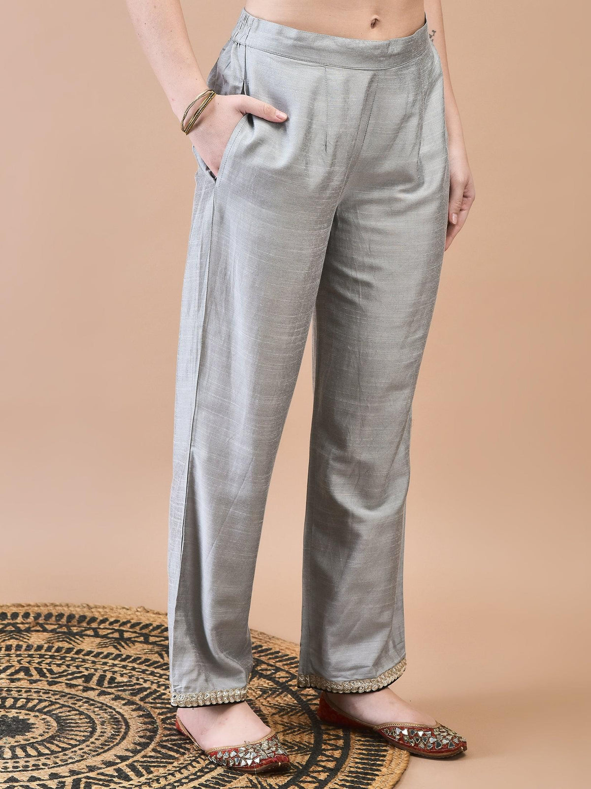 Women Silk Blend Grey Embroidered Kurta Comfort Pant Jacquard Dupatta.