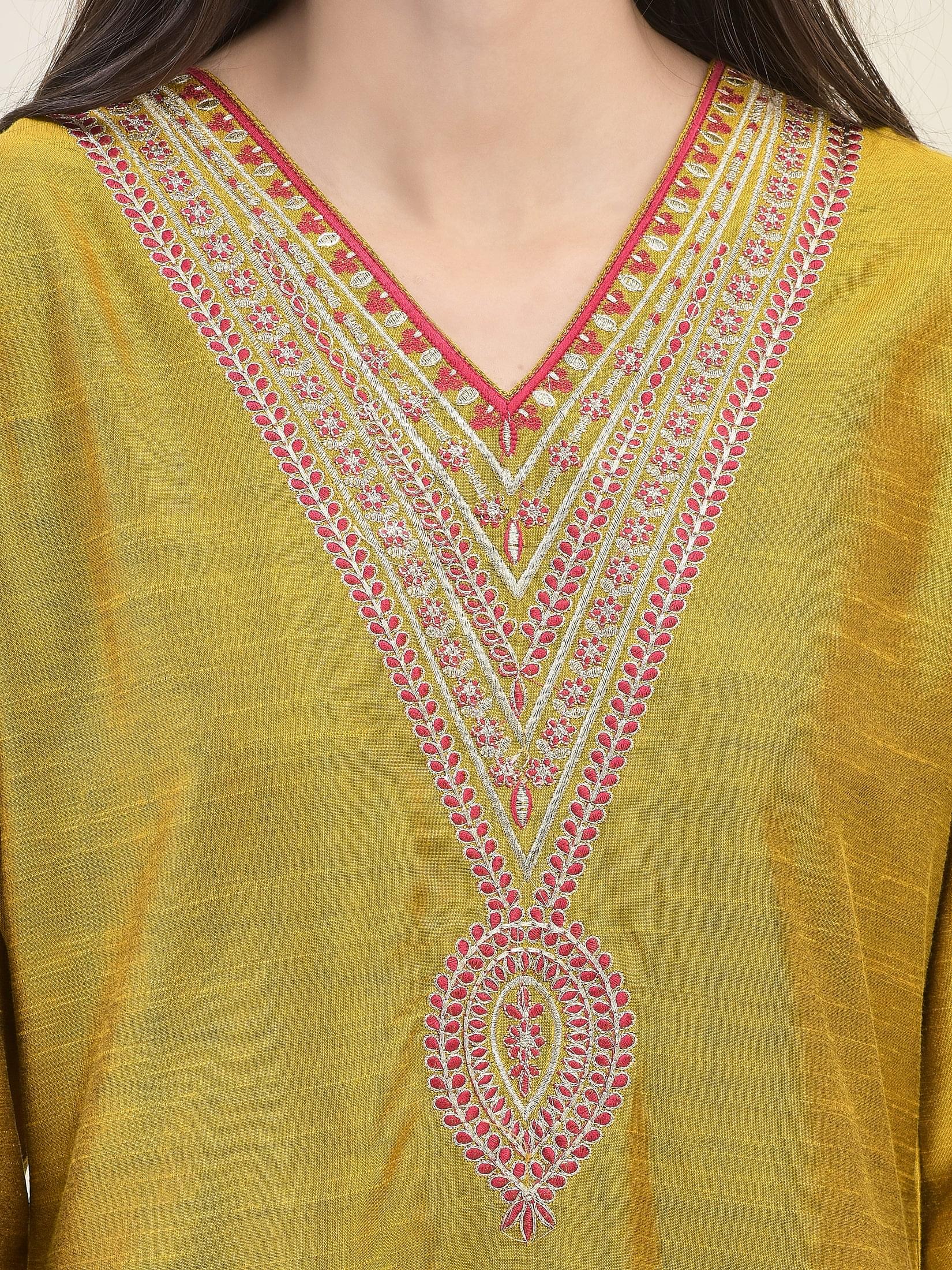Women Silk Blend Mustard Embroidered Kurta Comfort Pant Dupatta.