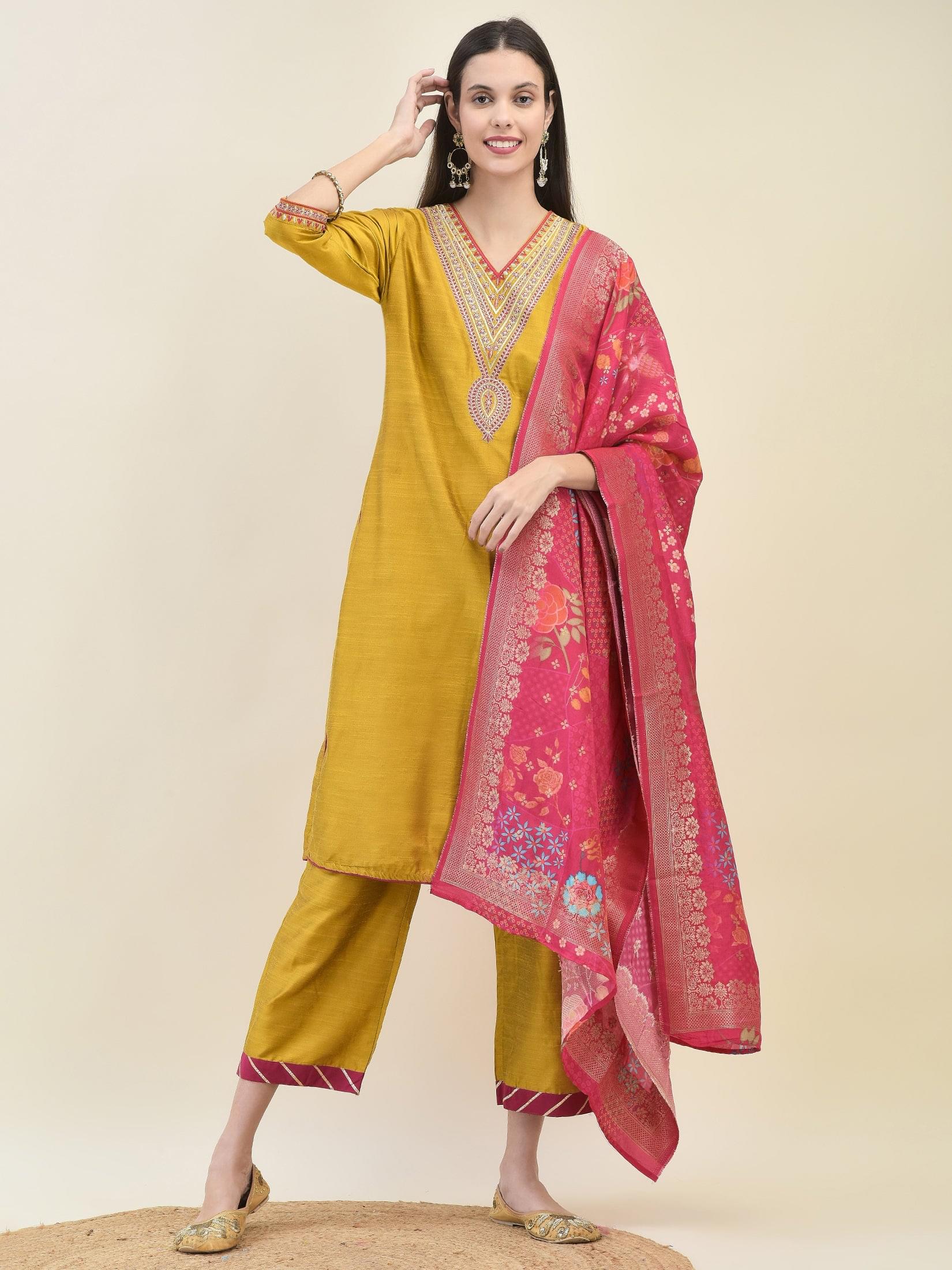 Women Silk Blend Mustard Embroidered Kurta Comfort Pant Dupatta.