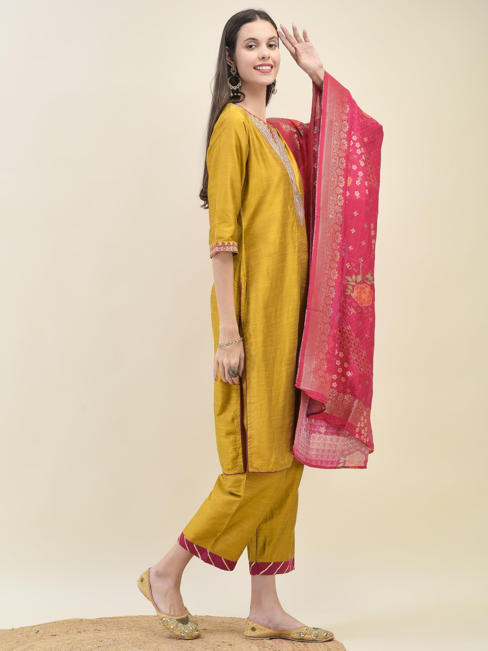 Women Silk Blend Mustard Embroidered Kurta Comfort Pant Dupatta.