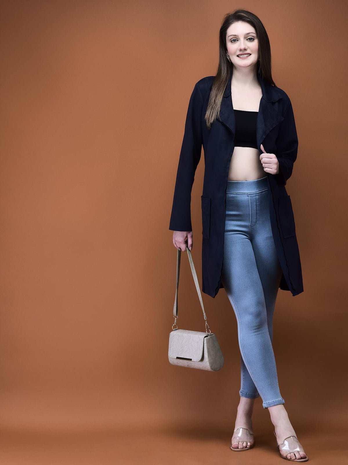 Women Suede Navy Blue Solid Shrug.