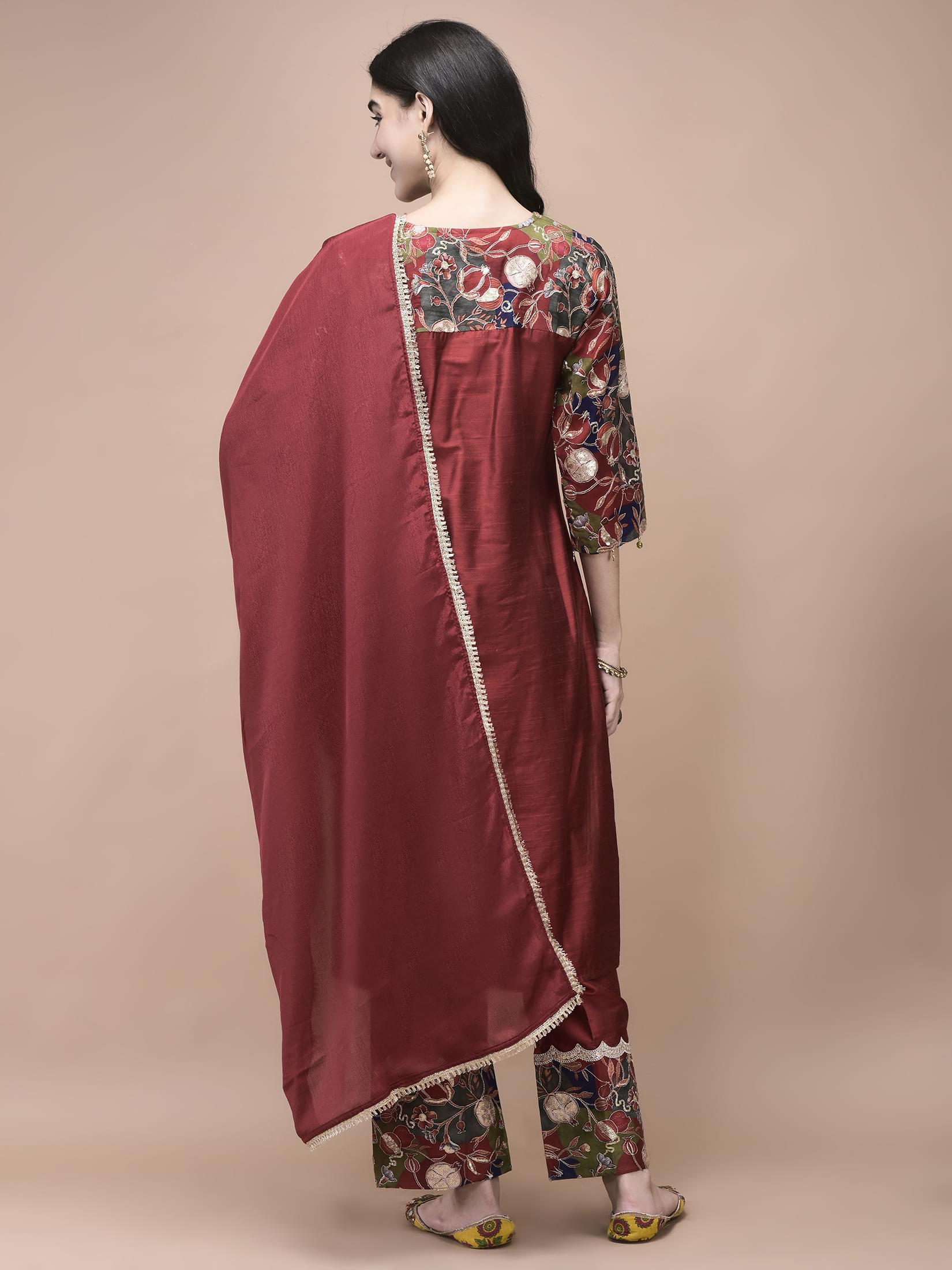 Women Silk Blend Maroon Embroidered Kurta Comfort Pant Dupatta.