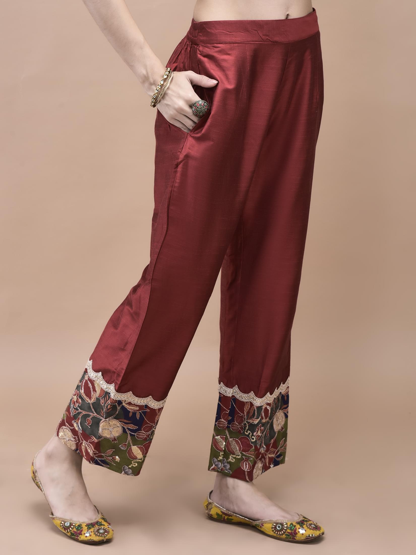 Women Silk Blend Maroon Embroidered Kurta Comfort Pant Dupatta.