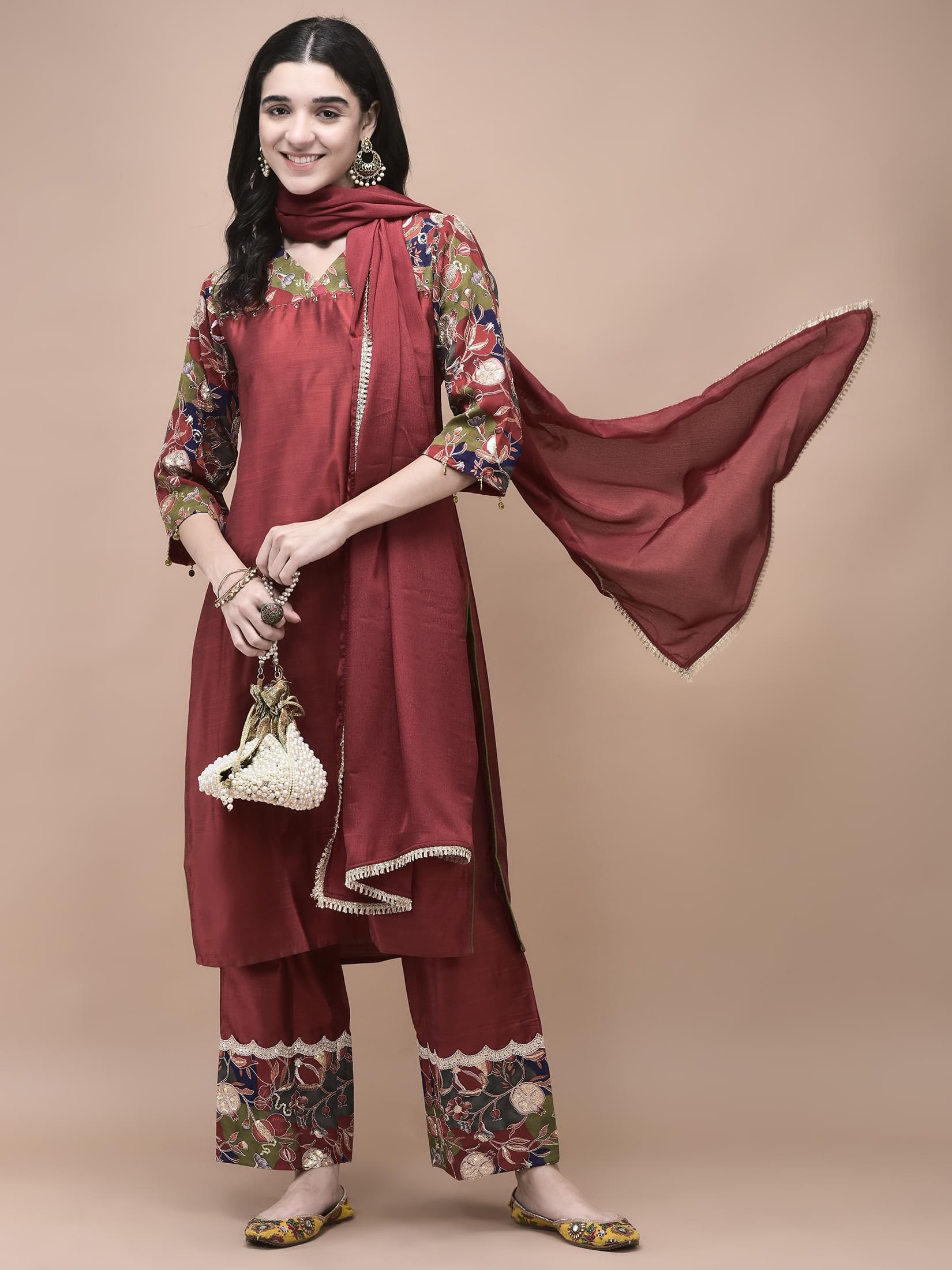 Women Silk Blend Maroon Embroidered Kurta Comfort Pant Dupatta.