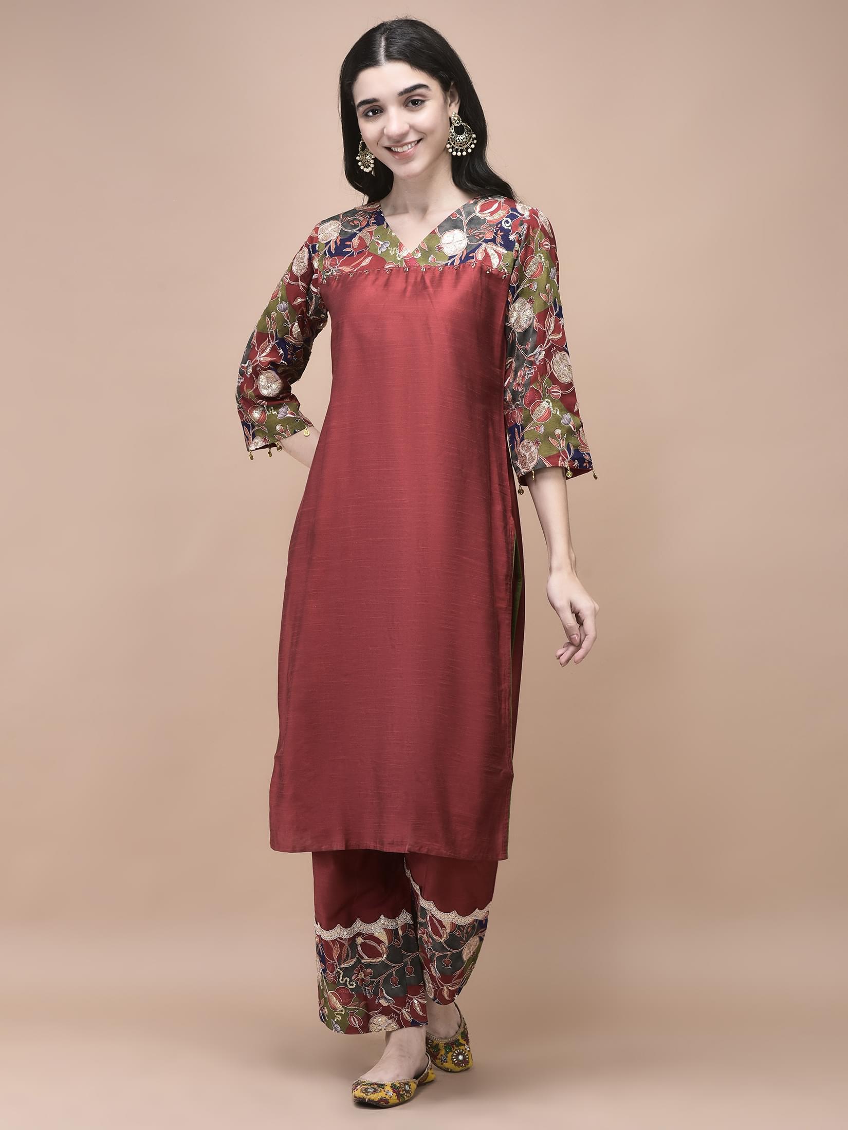 Women Silk Blend Maroon Embroidered Kurta Comfort Pant Dupatta.