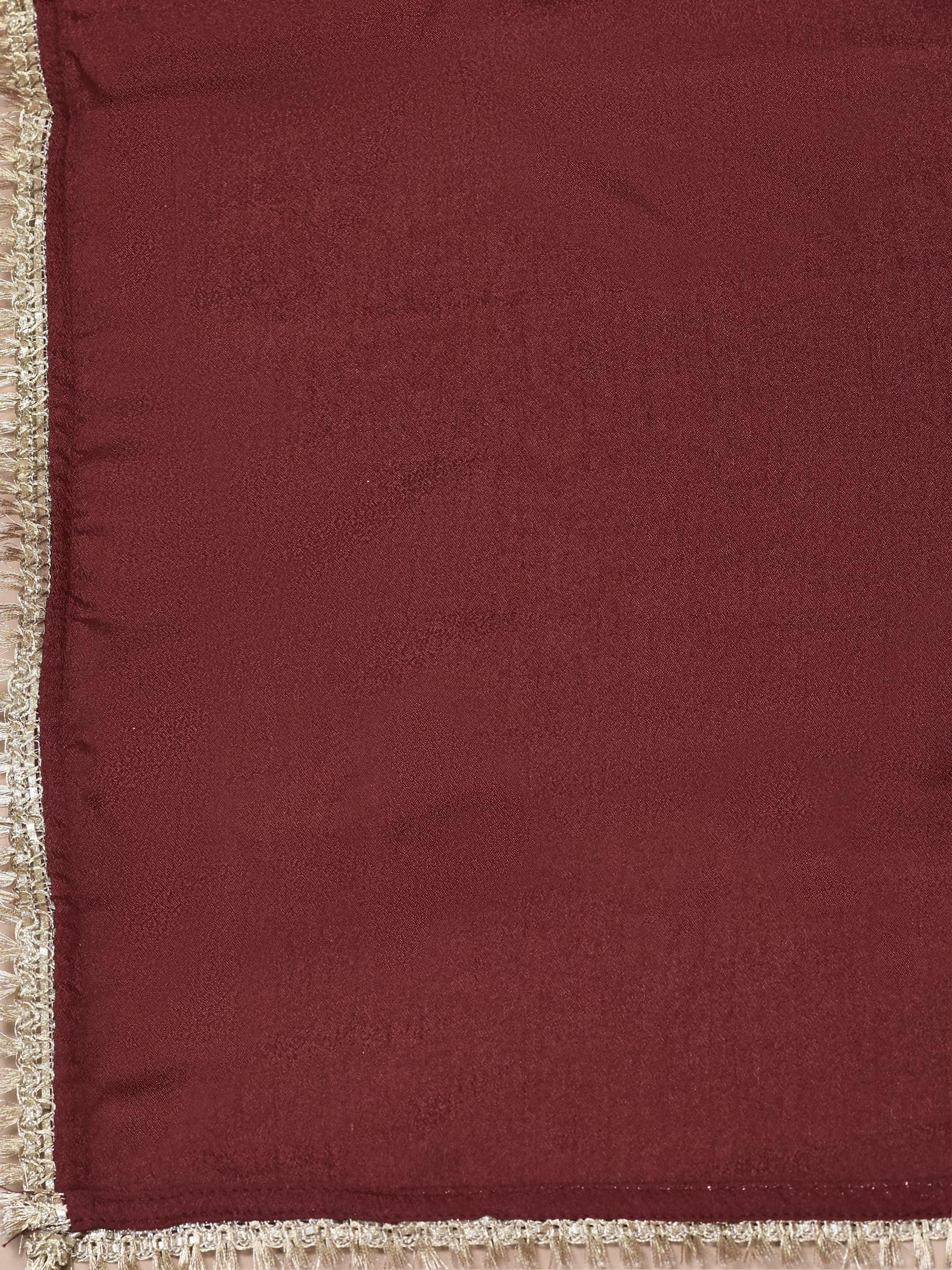 Women Silk Blend Maroon Embroidered Kurta Comfort Pant Dupatta.