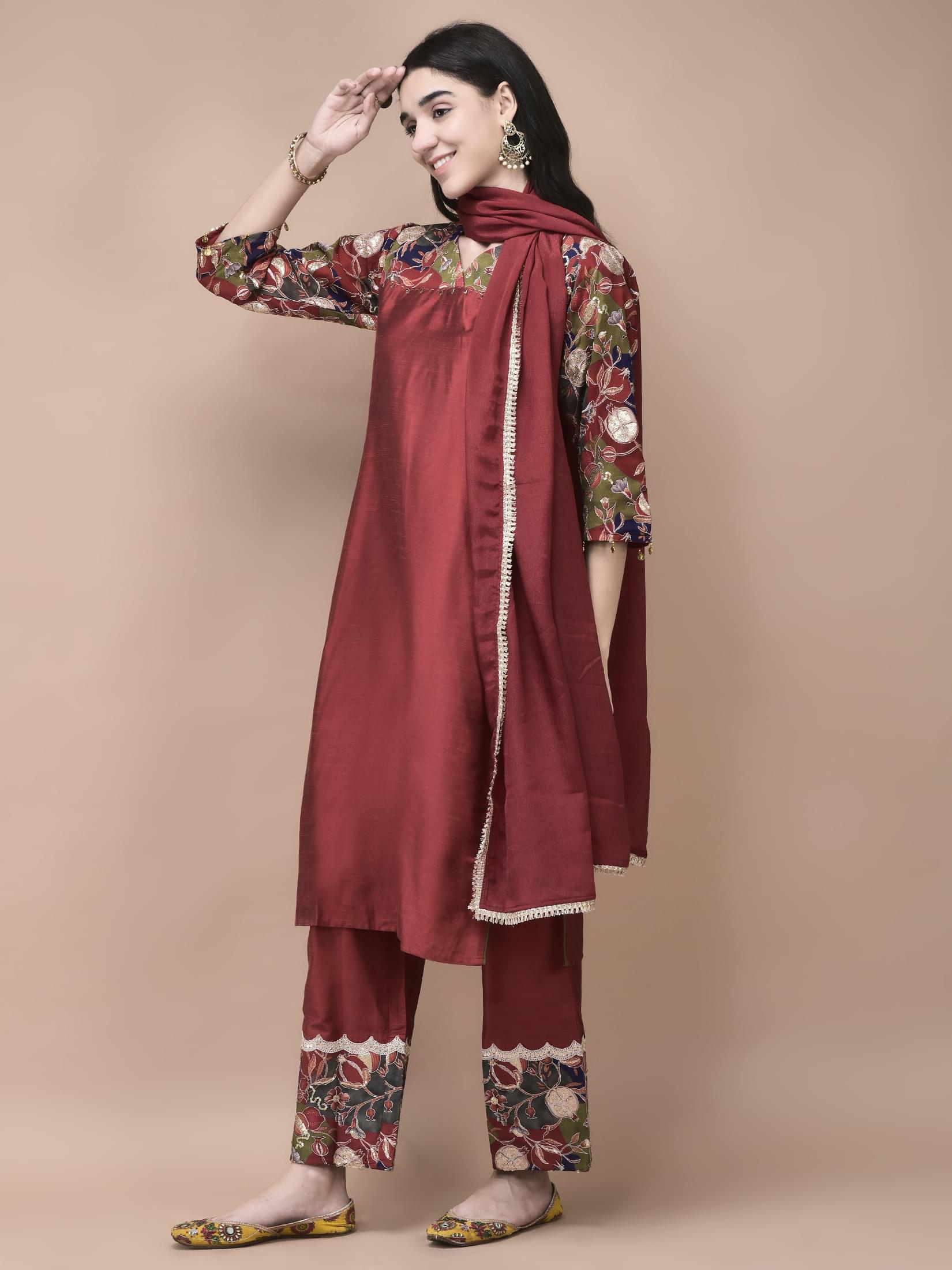 Women Silk Blend Maroon Embroidered Kurta Comfort Pant Dupatta.