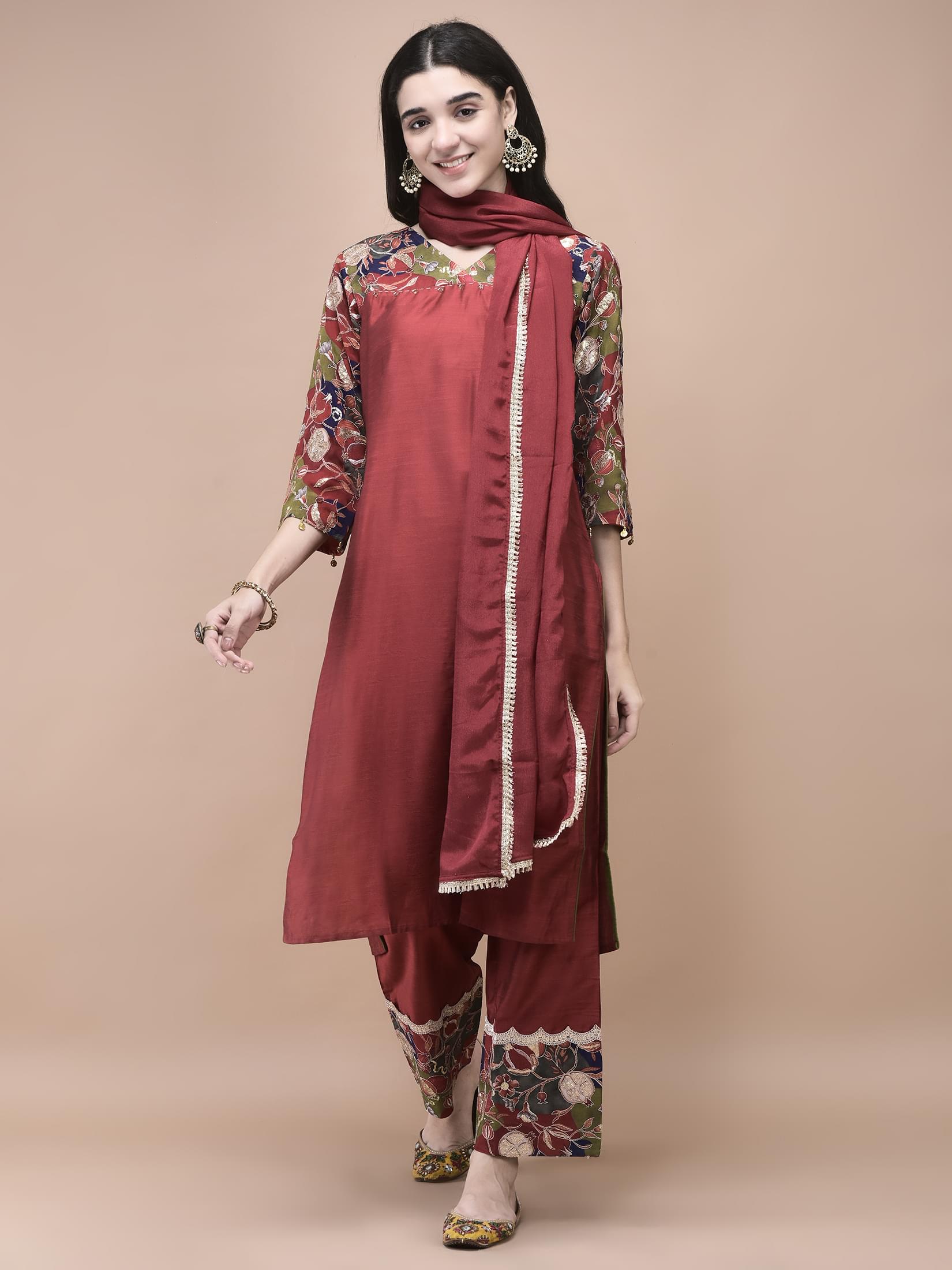 Women Silk Blend Maroon Embroidered Kurta Comfort Pant Dupatta.