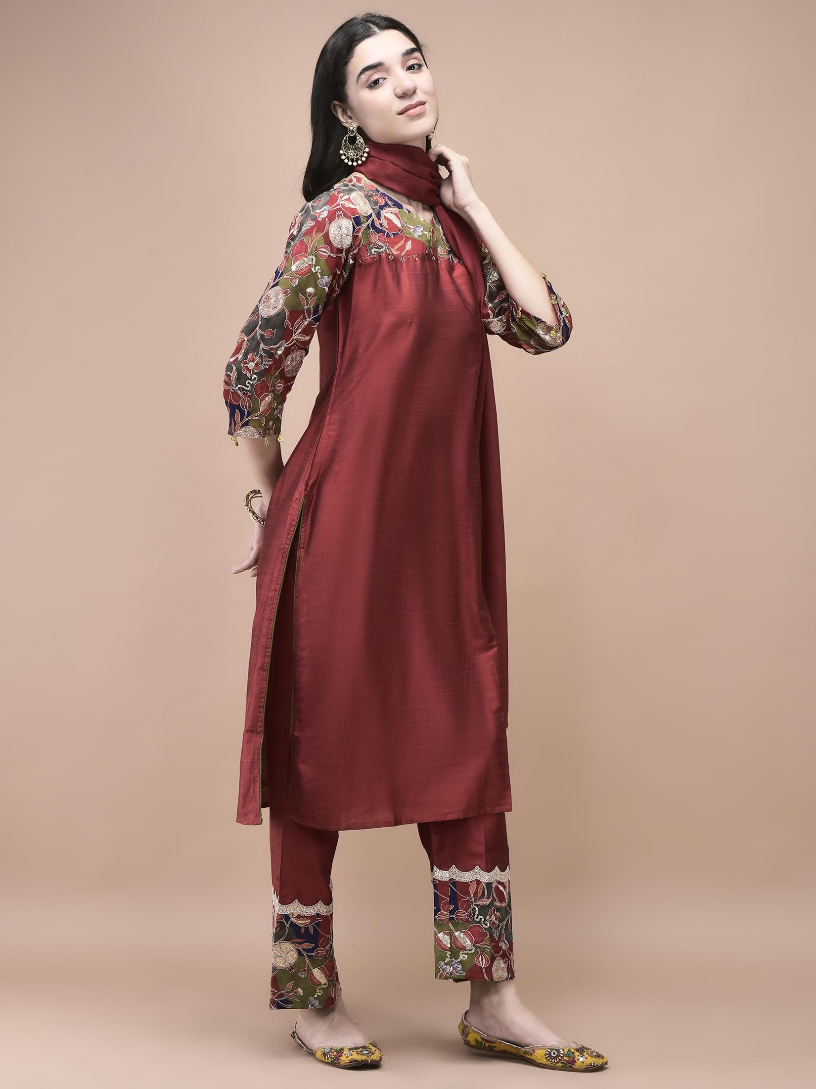 Women Silk Blend Maroon Embroidered Kurta Comfort Pant Dupatta.