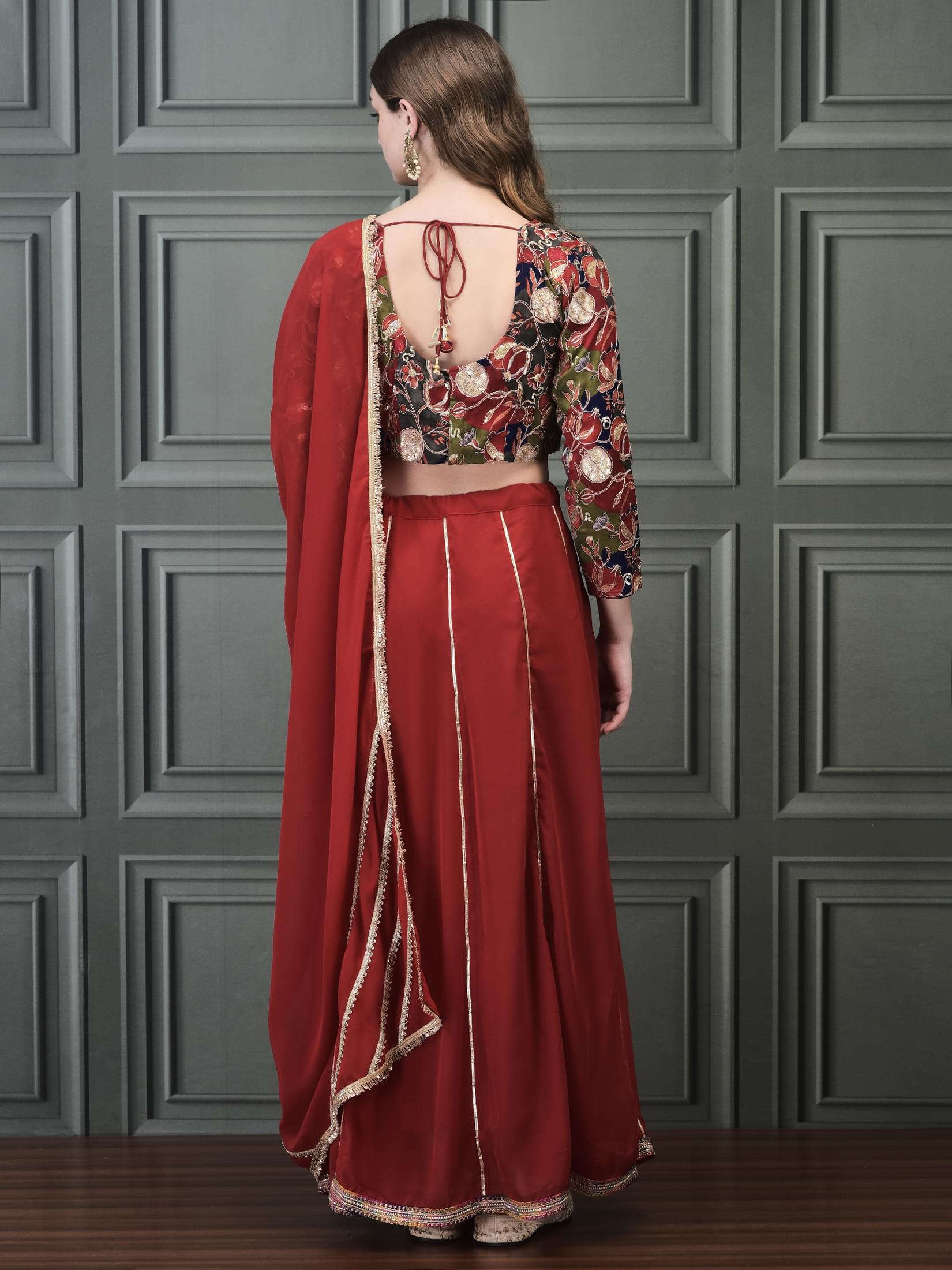 Women Straight Red Choli Skirt Dupatta.