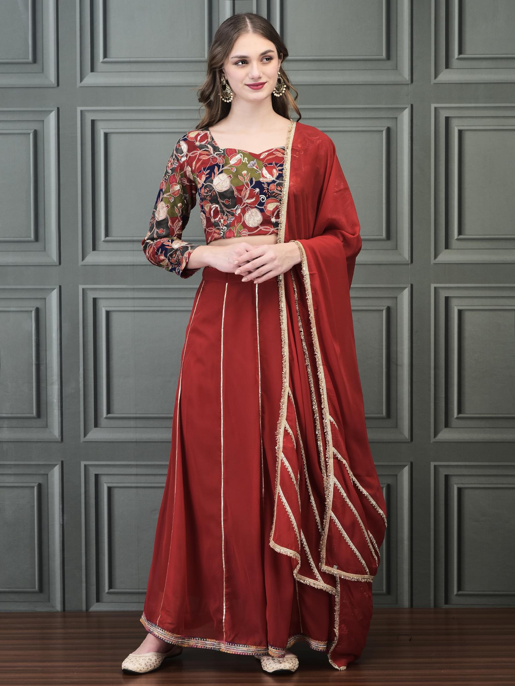 Women Straight Red Choli Skirt Dupatta.