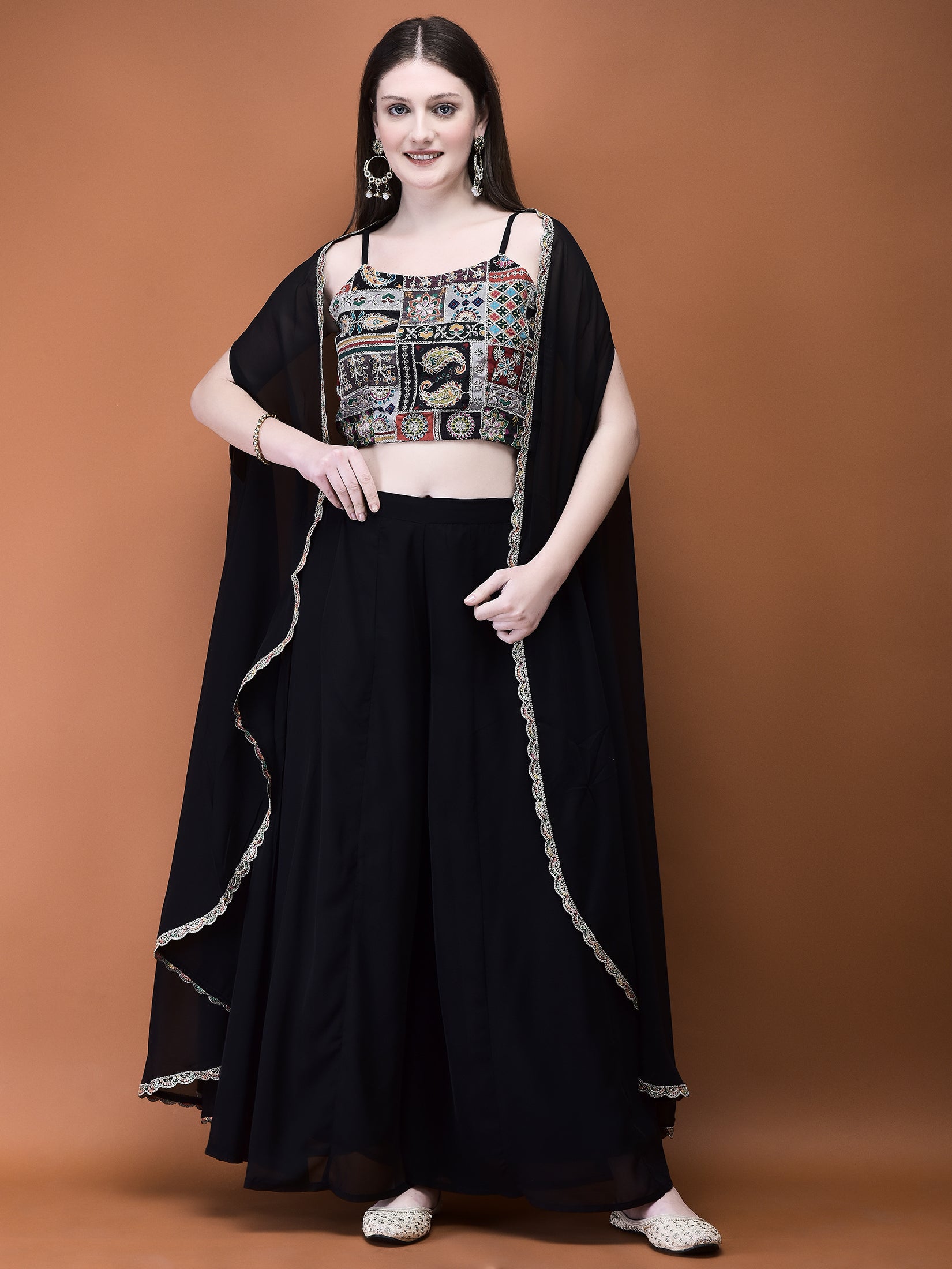 Women Georgette Black Embroidered Top Shrug Split Pant