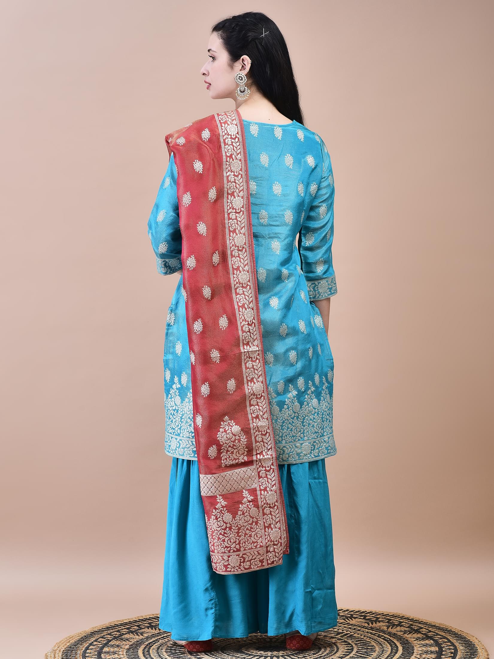 Women Dola Jacquard Blue Woven Kurta Sharara Dupatta.