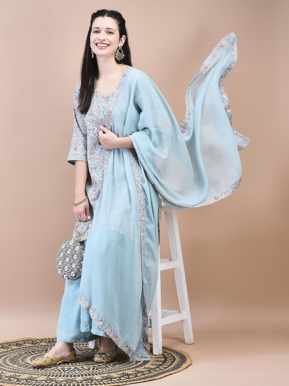 Women Viscose Blue Embroidered Kurta Sharara Dupatta.