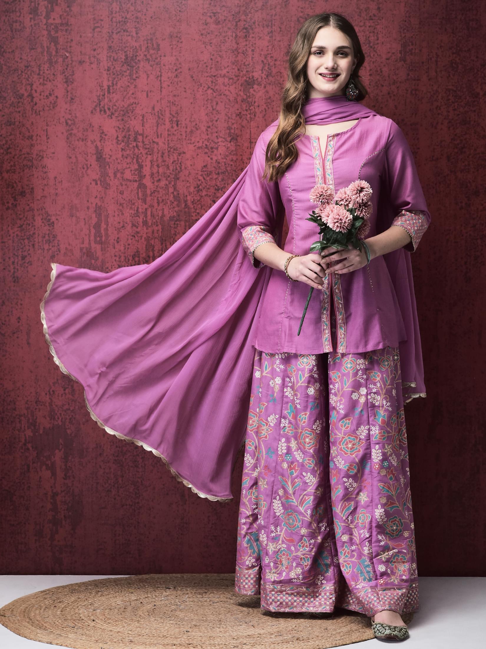 Royal purple minimal solid tone Liva viscose straight cut elegant split pant suit