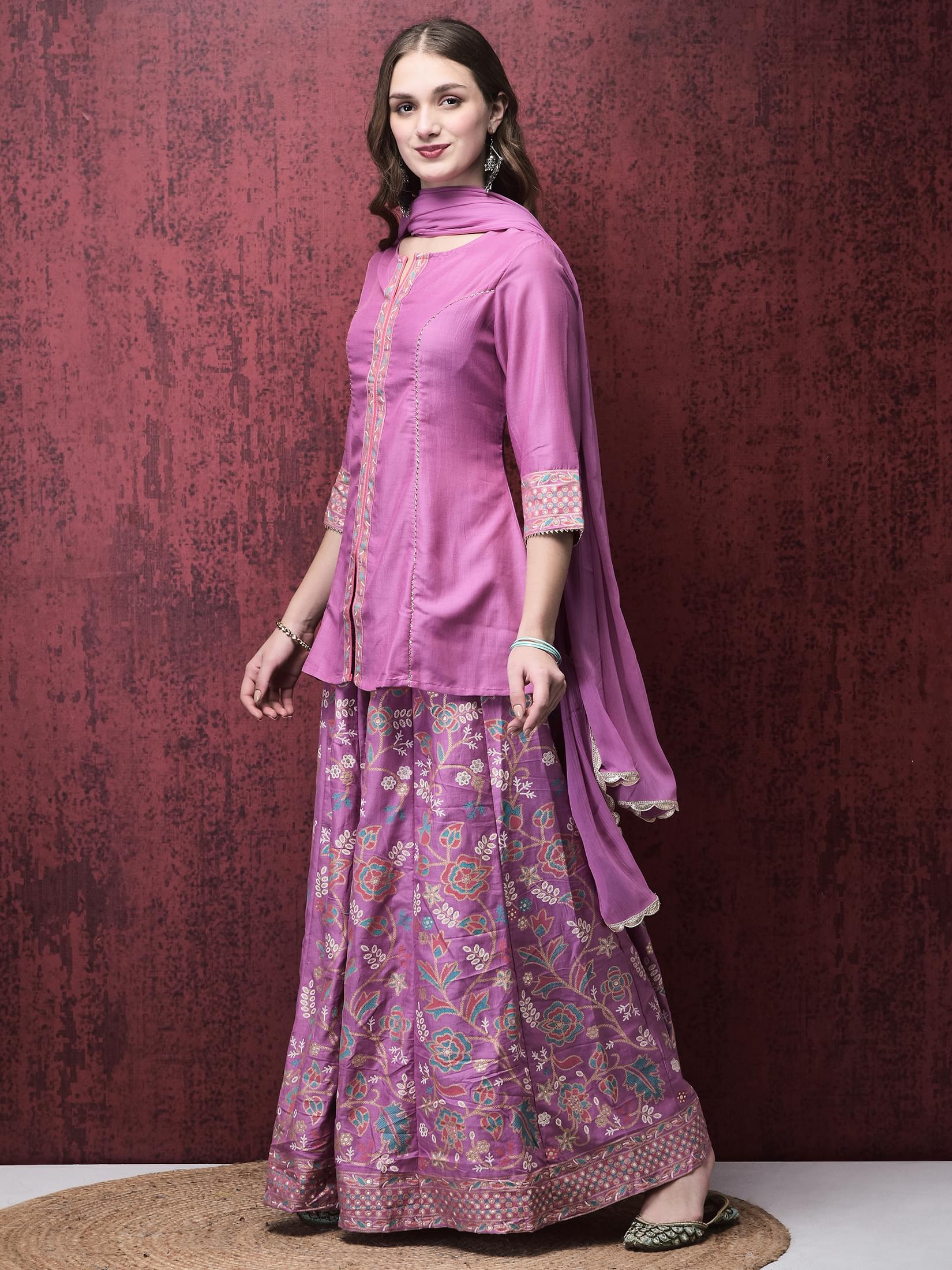 Women Liva (Viscose) Purple Solid Kurta Split Pant Dupatta.