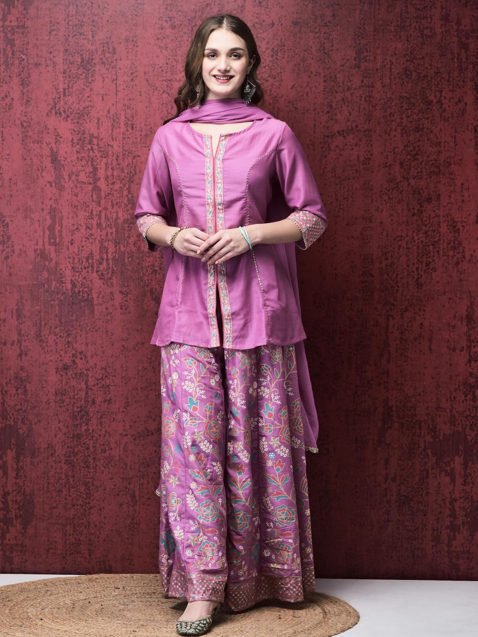 Women Liva (Viscose) Purple Solid Kurta Split Pant Dupatta.