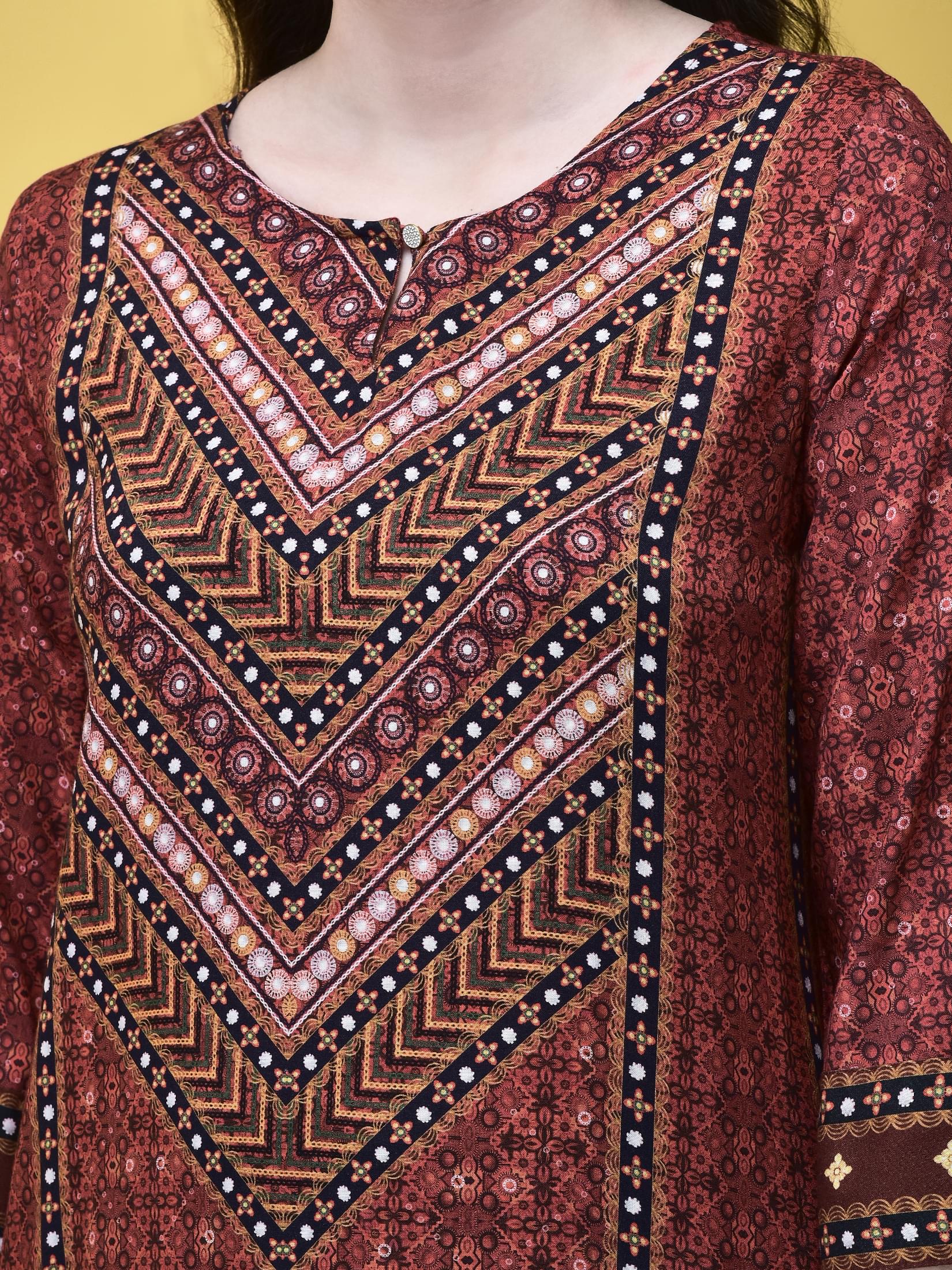 Women Liva Maroon Ornamental Print Kurta.