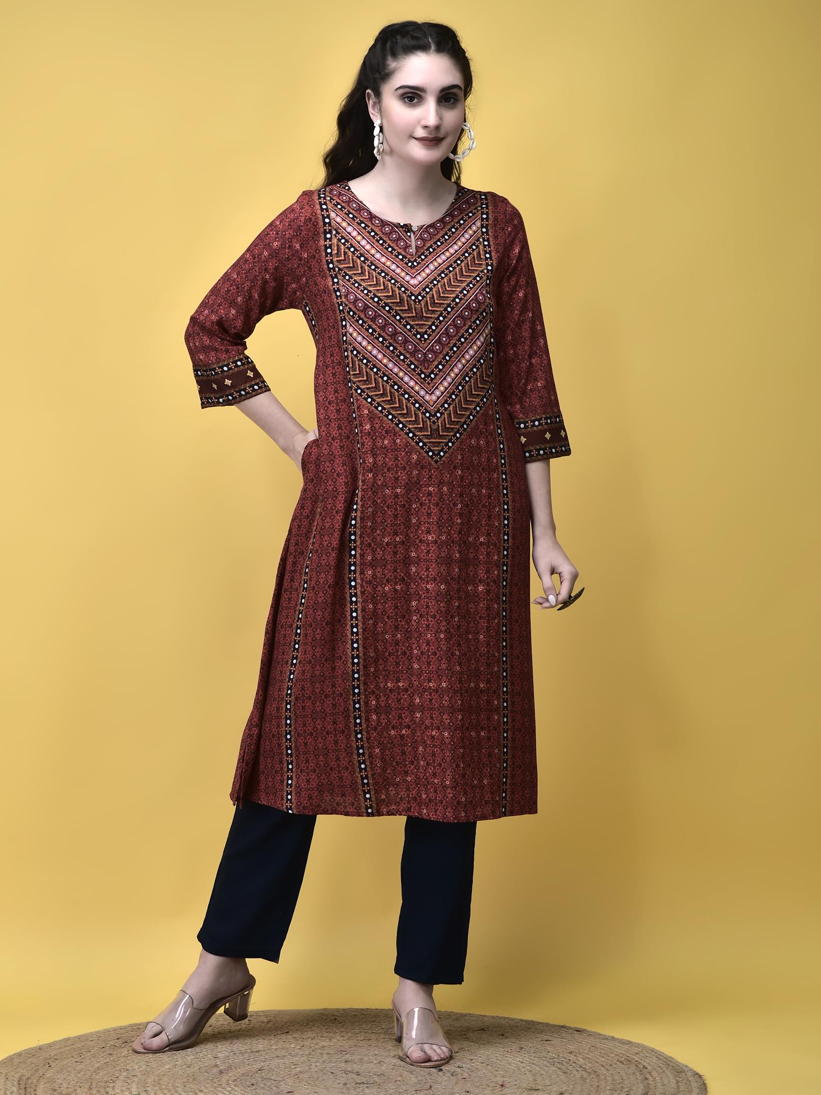 Women Liva Maroon Ornamental Print Kurta.
