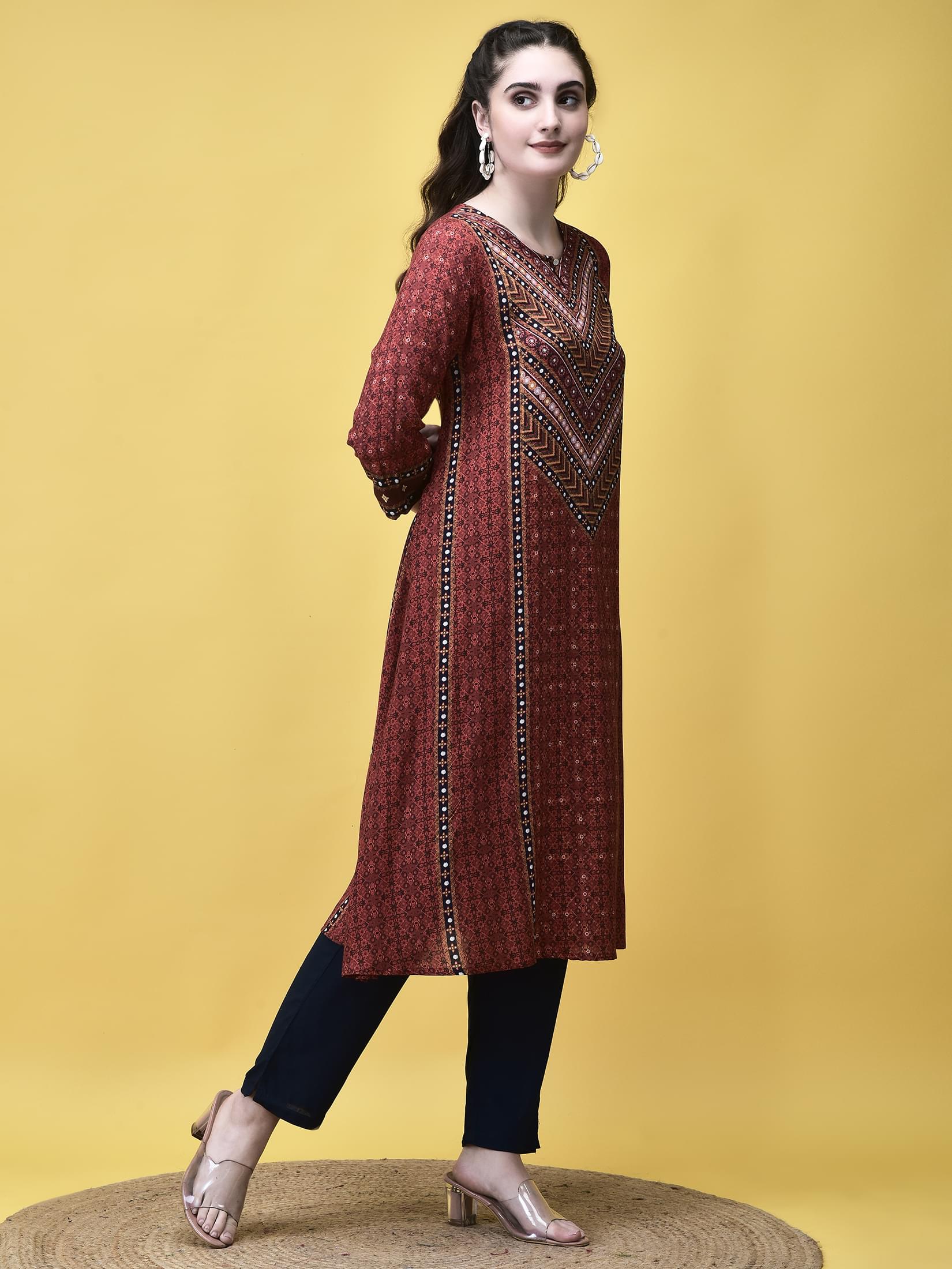 Women Liva Maroon Ornamental Print Kurta.