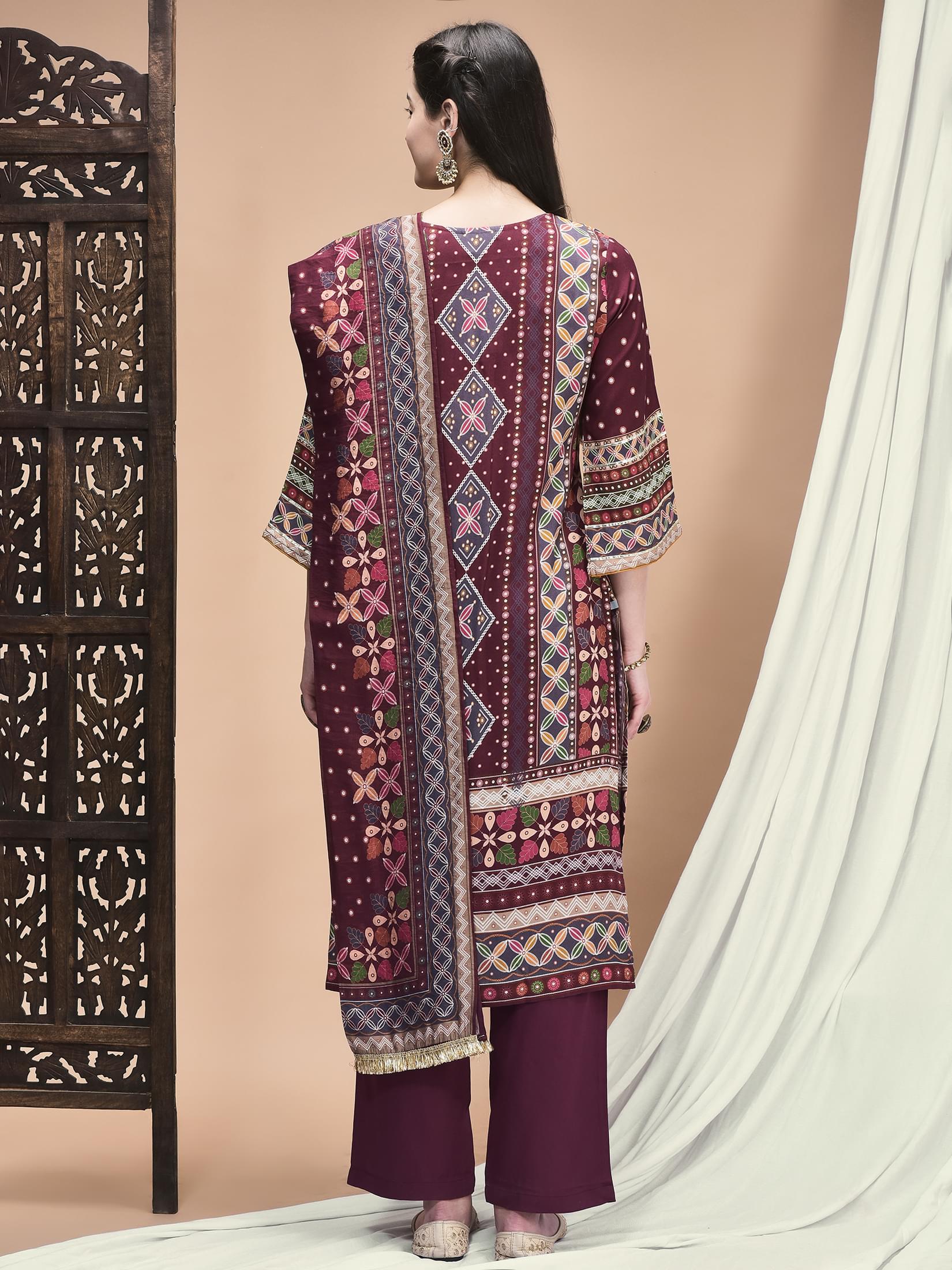 Women Liva Magenta Ornamental Print Kurta Comfort Pant Dupatta.