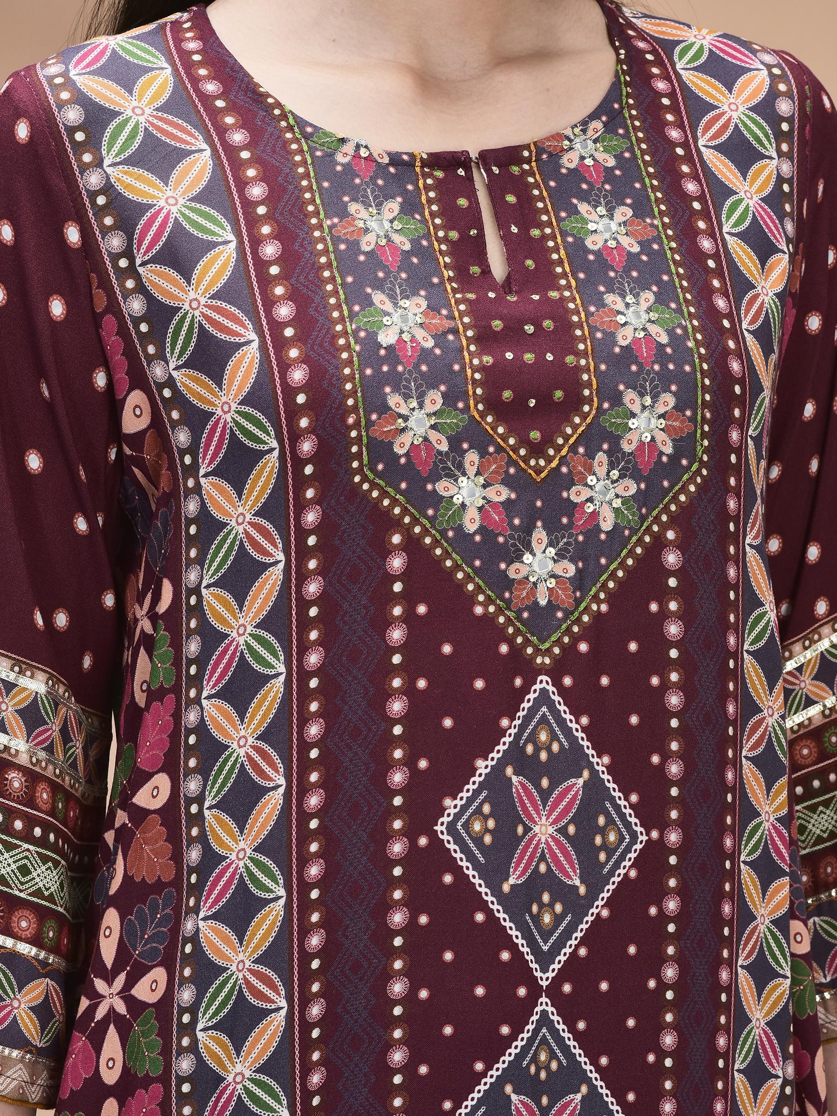 Women Liva Magenta Ornamental Print Kurta Comfort Pant Dupatta.