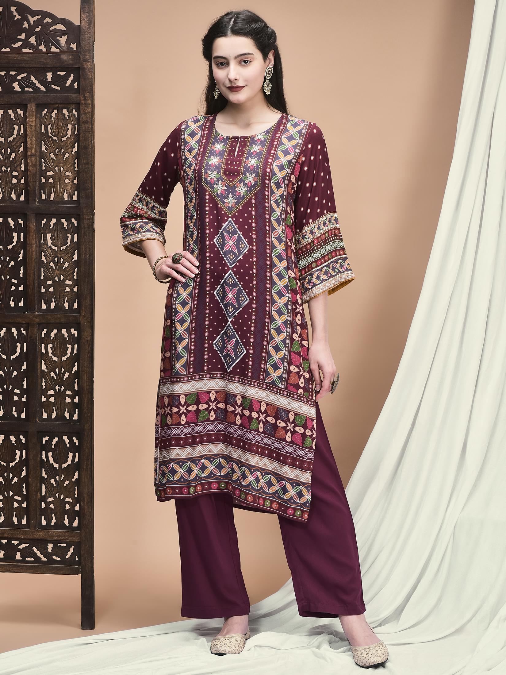 Women Liva Magenta Ornamental Print Kurta Comfort Pant Dupatta.