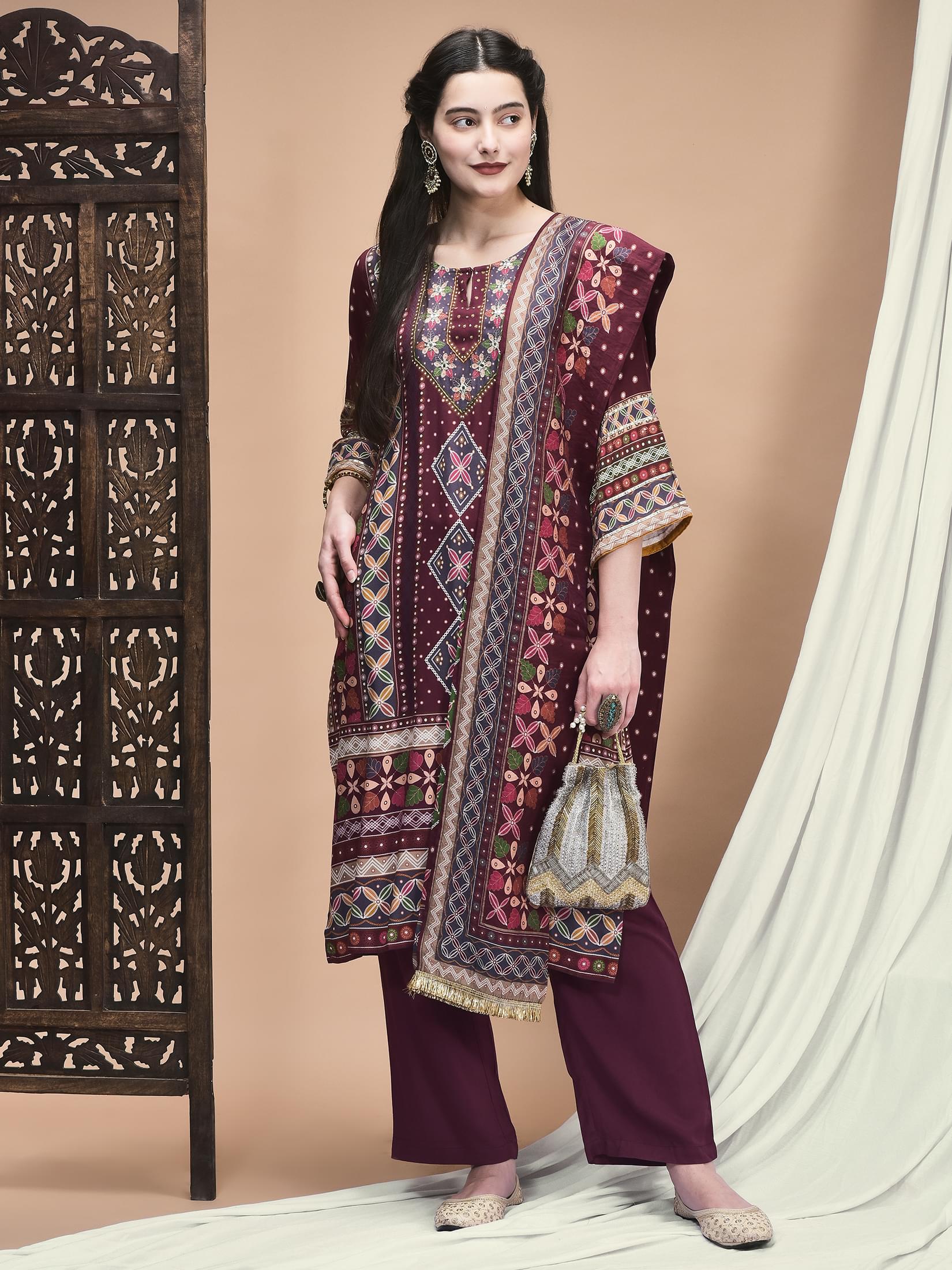 Women Liva Magenta Ornamental Print Kurta Comfort Pant Dupatta.
