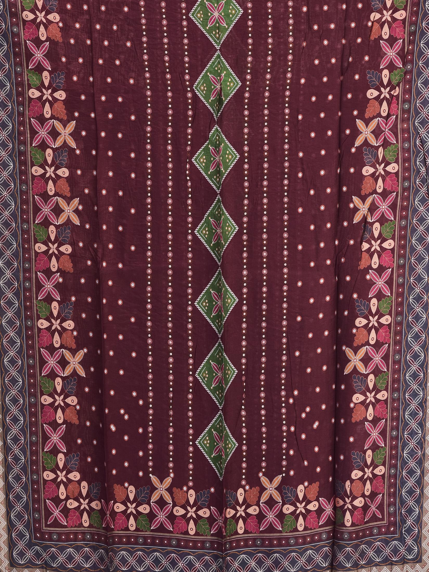 Women Liva Magenta Ornamental Print Kurta Comfort Pant Dupatta.