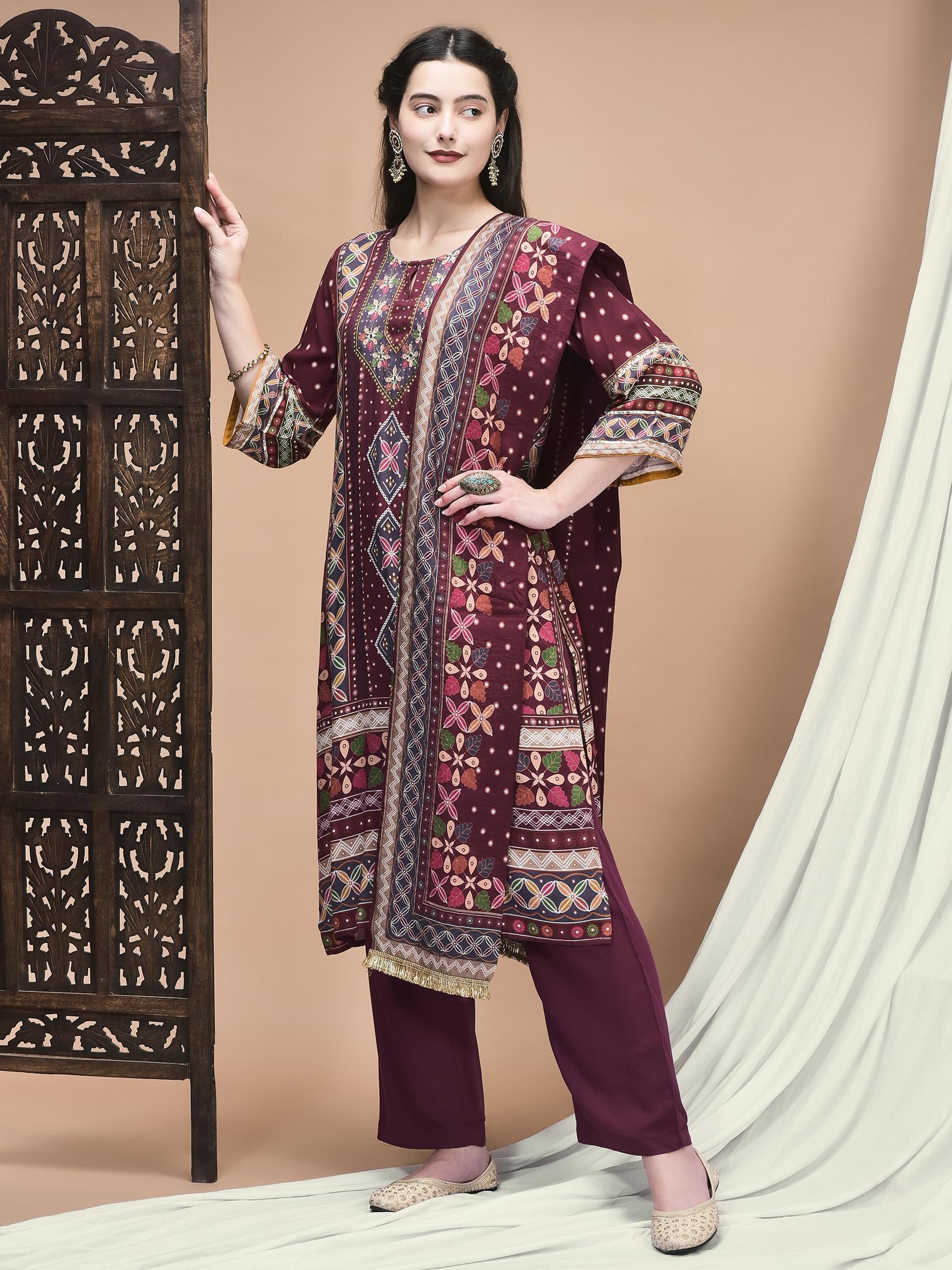 Women Liva Magenta Ornamental Print Kurta Comfort Pant Dupatta.