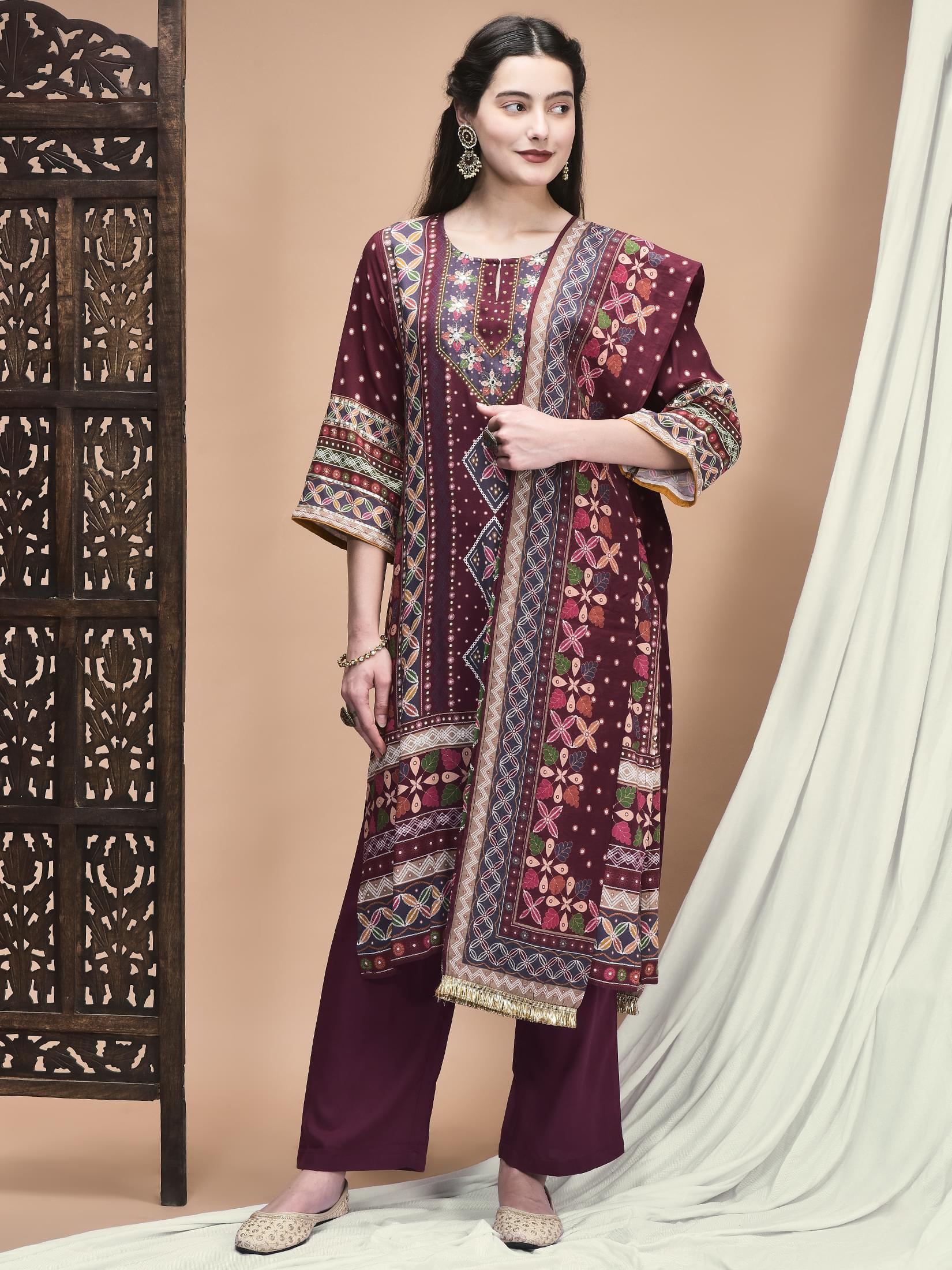 Vibrant magenta pink ornamental print Liva straight kurta comfort trousers suit