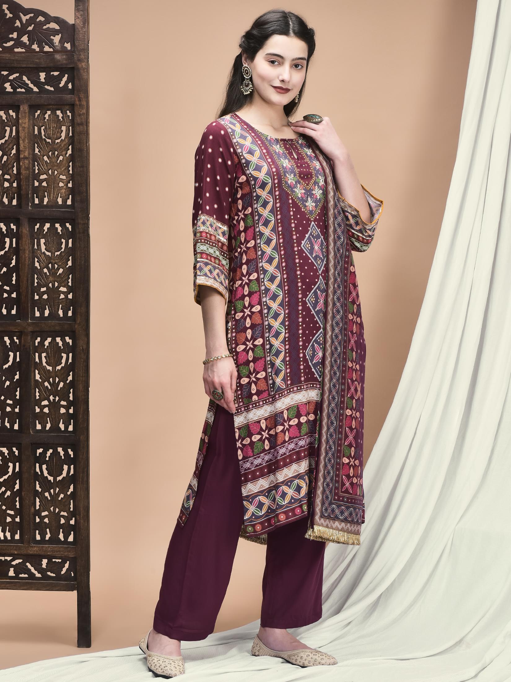 Women Liva Magenta Ornamental Print Kurta Comfort Pant Dupatta.
