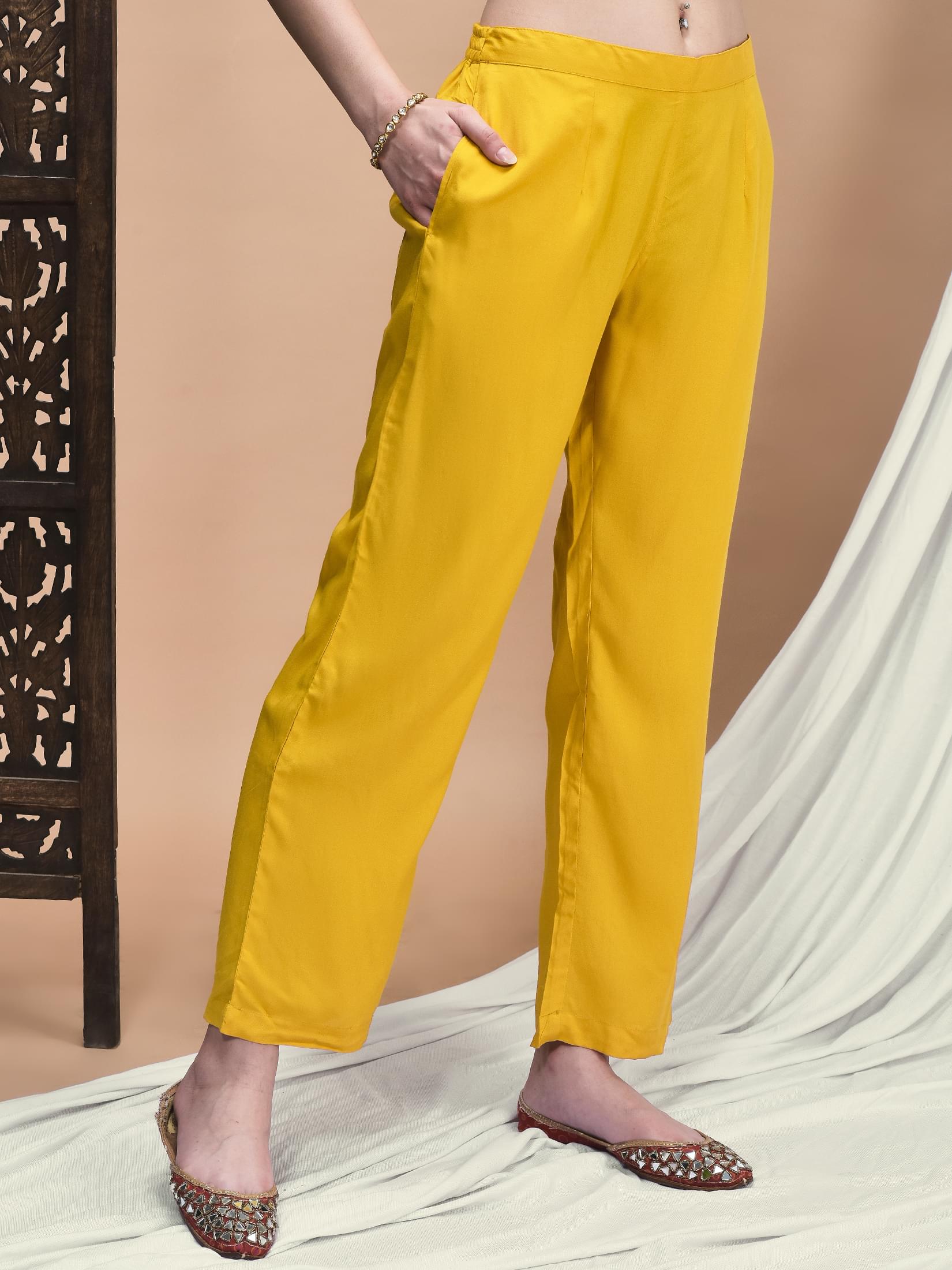 Women Liva Yellow Ornamental Print Kurta Comfort Pant Dupatta.