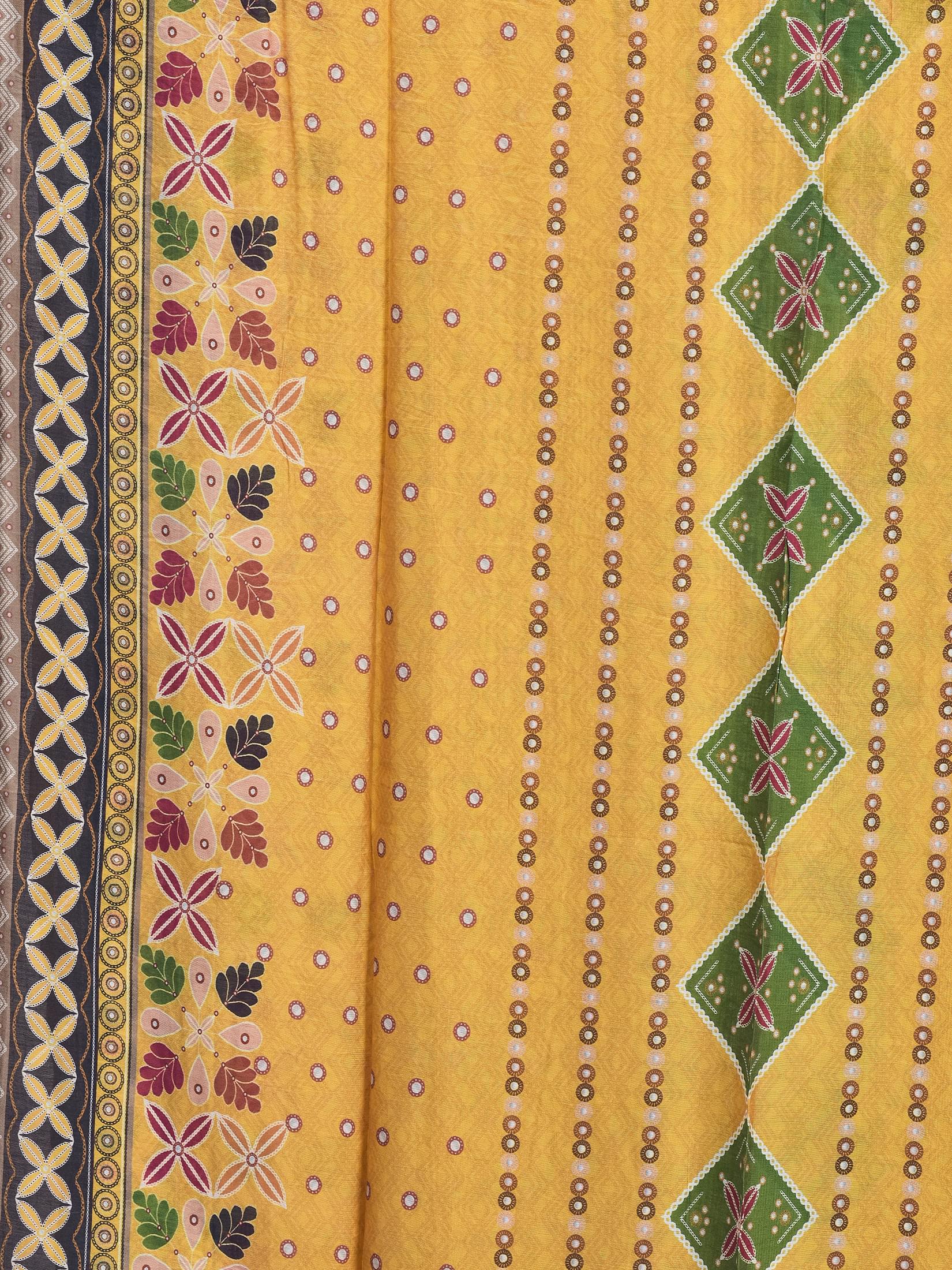 Women Liva Yellow Ornamental Print Kurta Comfort Pant Dupatta.