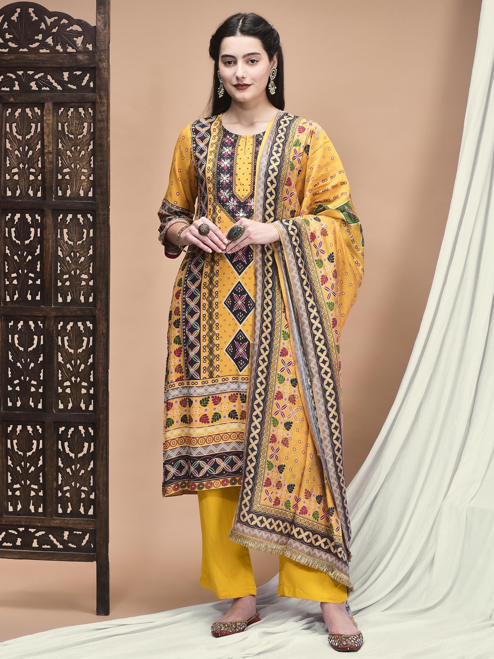 Sunny yellow ethnic ornamental print Liva fabric regular fit dupatta suit set