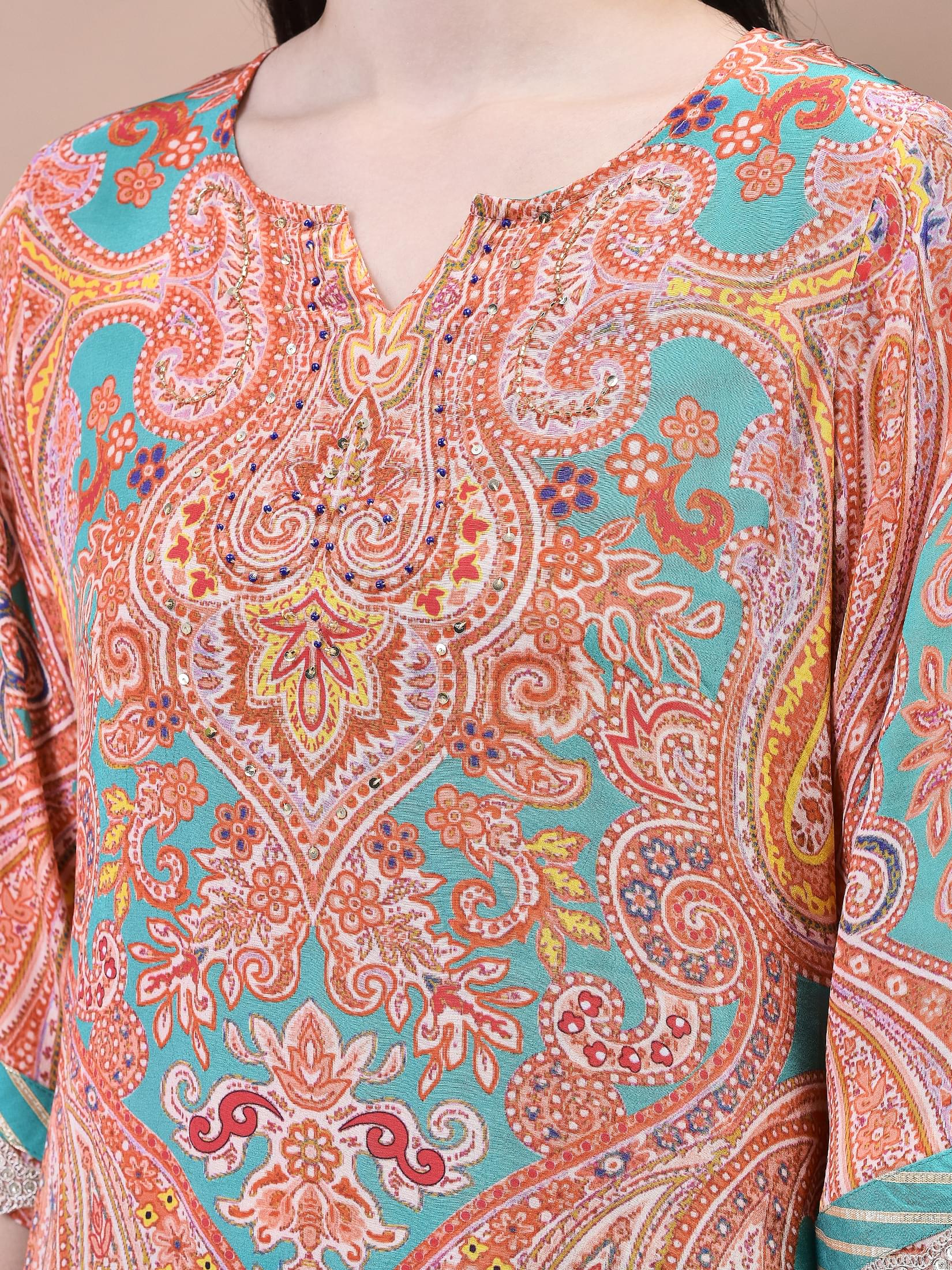 Women Crepe Orange Paisley Print Kurta Comfort Pant Dupatta.